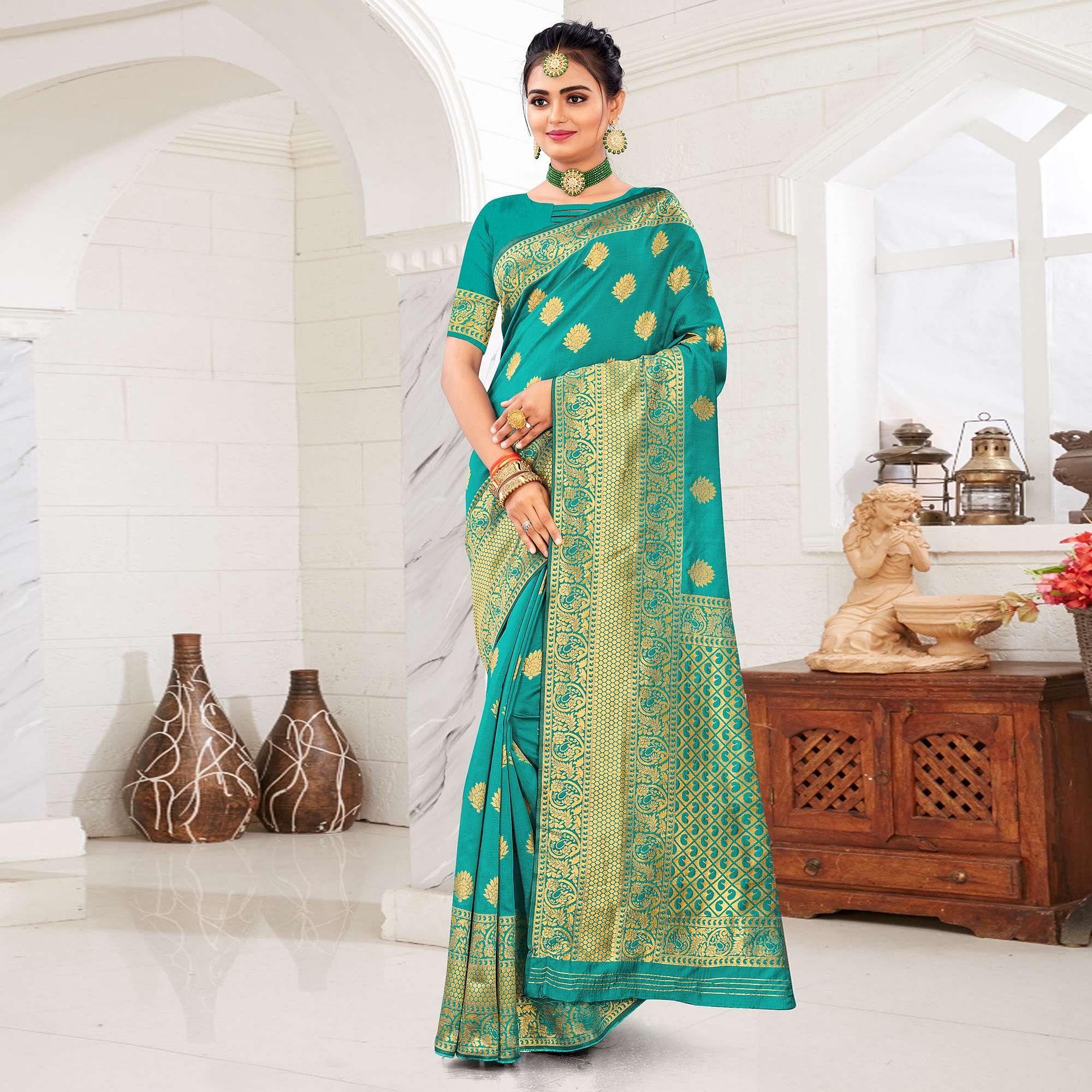 Sea Green Festive Wear Woven Art Silk Saree - Peachmode