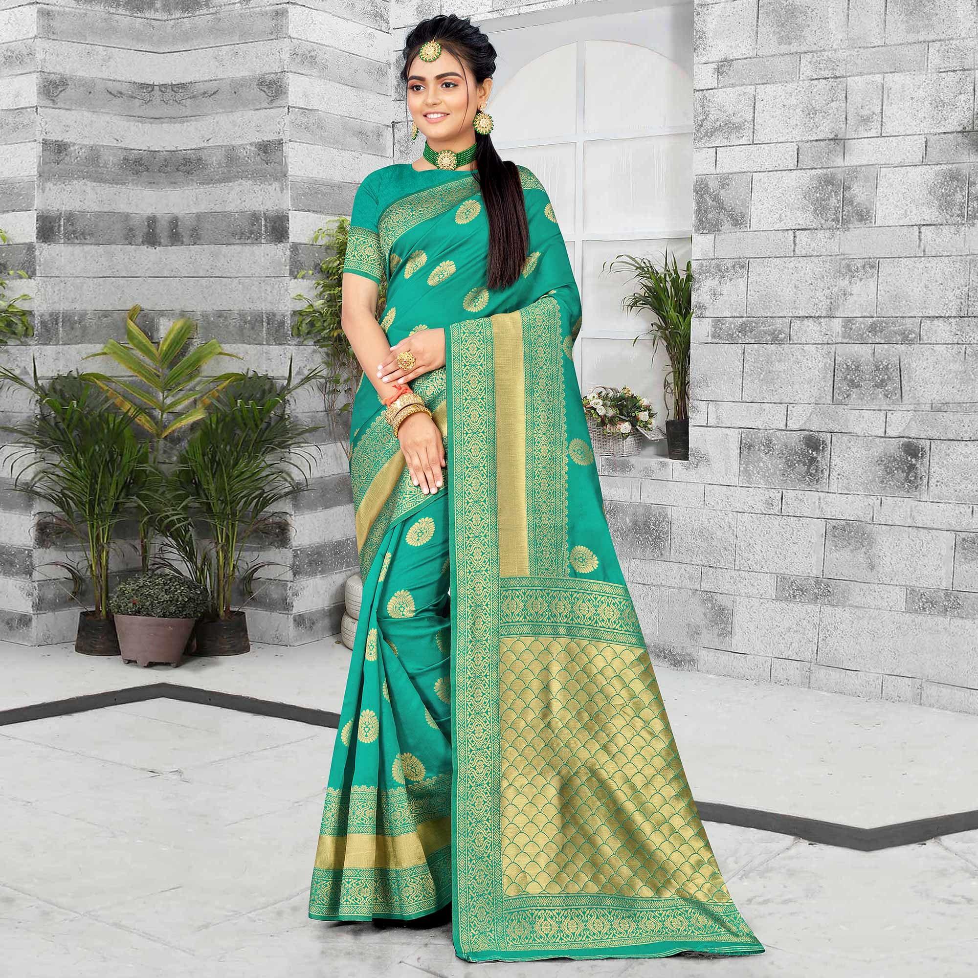 Sea Green Festive Wear Woven Art Silk Saree - Peachmode