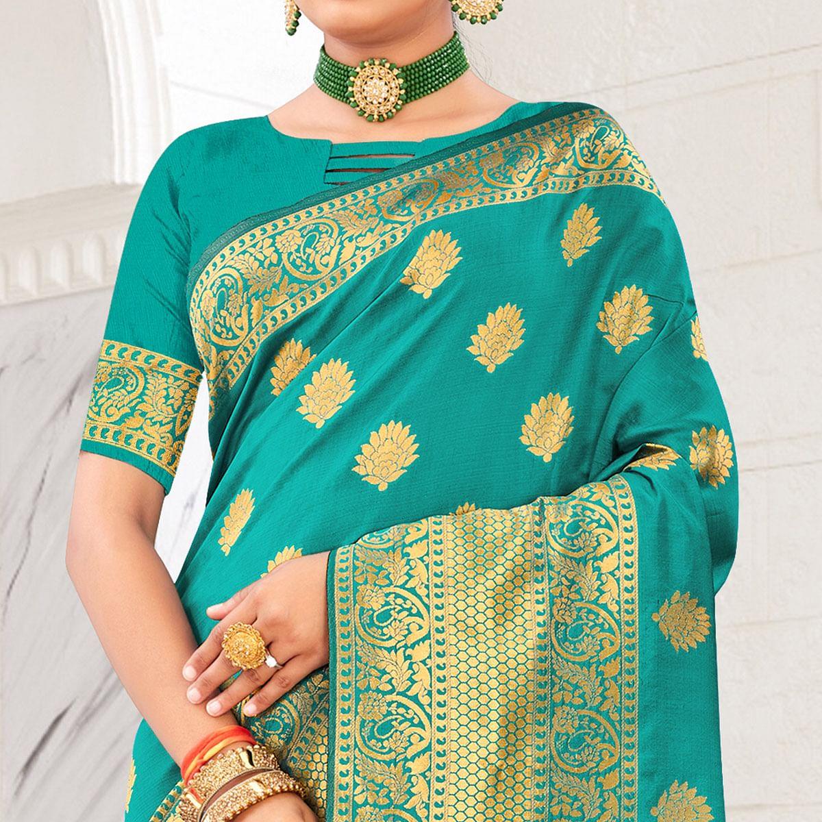 Sea Green Festive Wear Woven Art Silk Saree - Peachmode