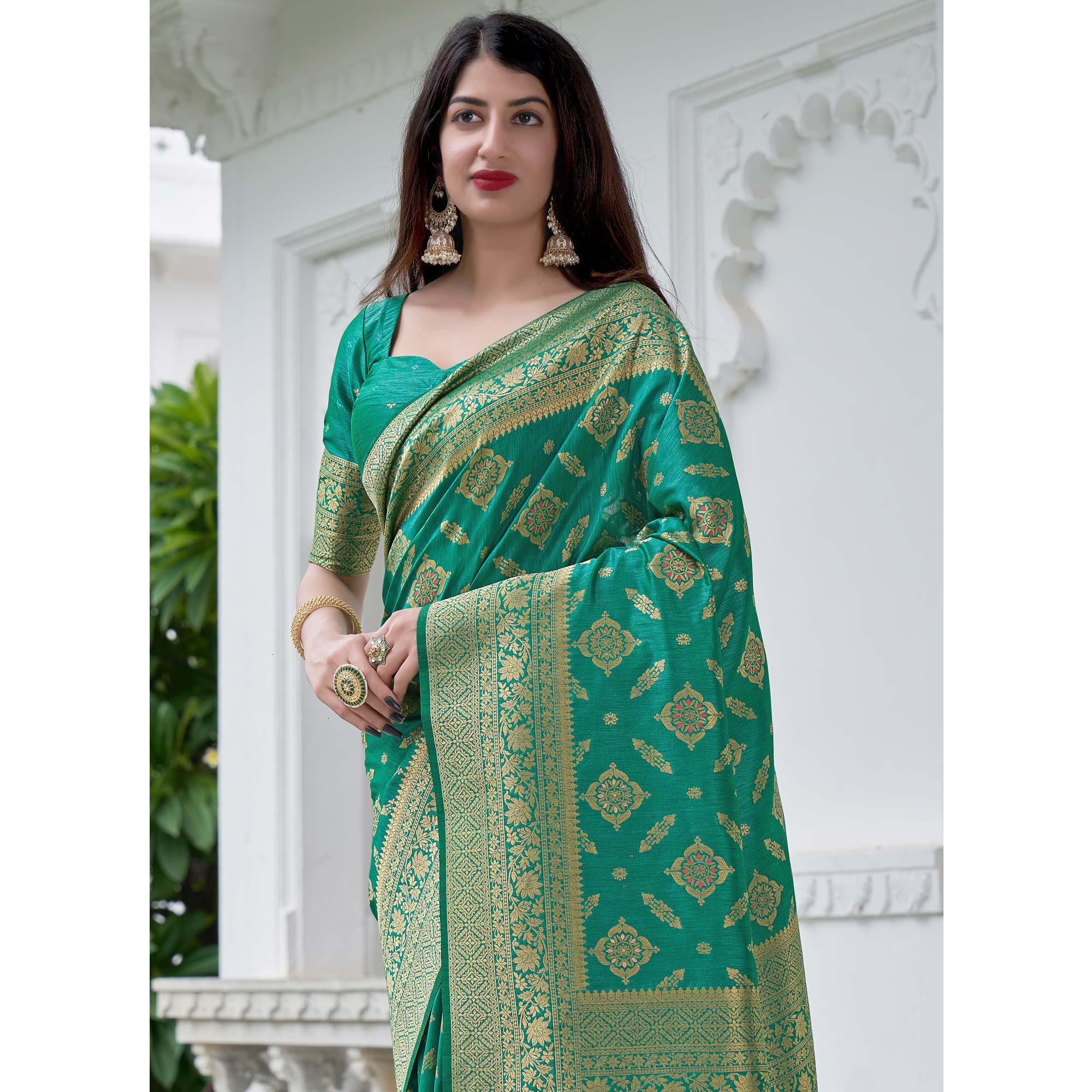 Sea Green Festive Wear Woven Banarasi Art Silk Saree - Peachmode