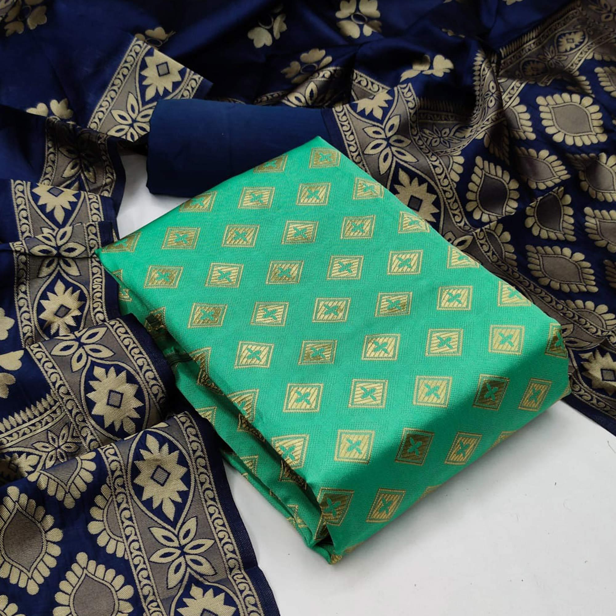 Sea Green Festive Wear Woven Banarasi Silk Dress Material - Peachmode