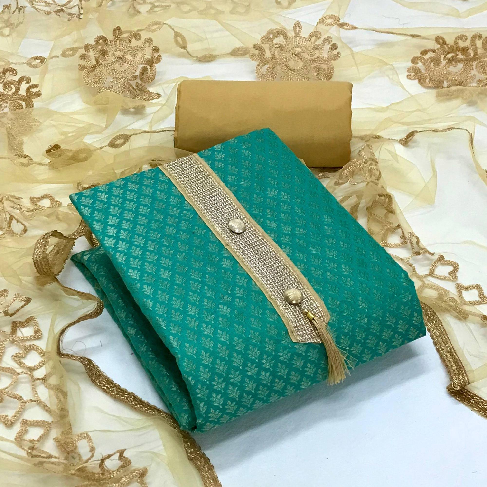 Sea Green Festive Wear Woven Banarasi Silk Dress Material - Peachmode