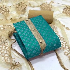 Sea Green Festive Wear Woven Banarasi Silk Dress Material - Peachmode