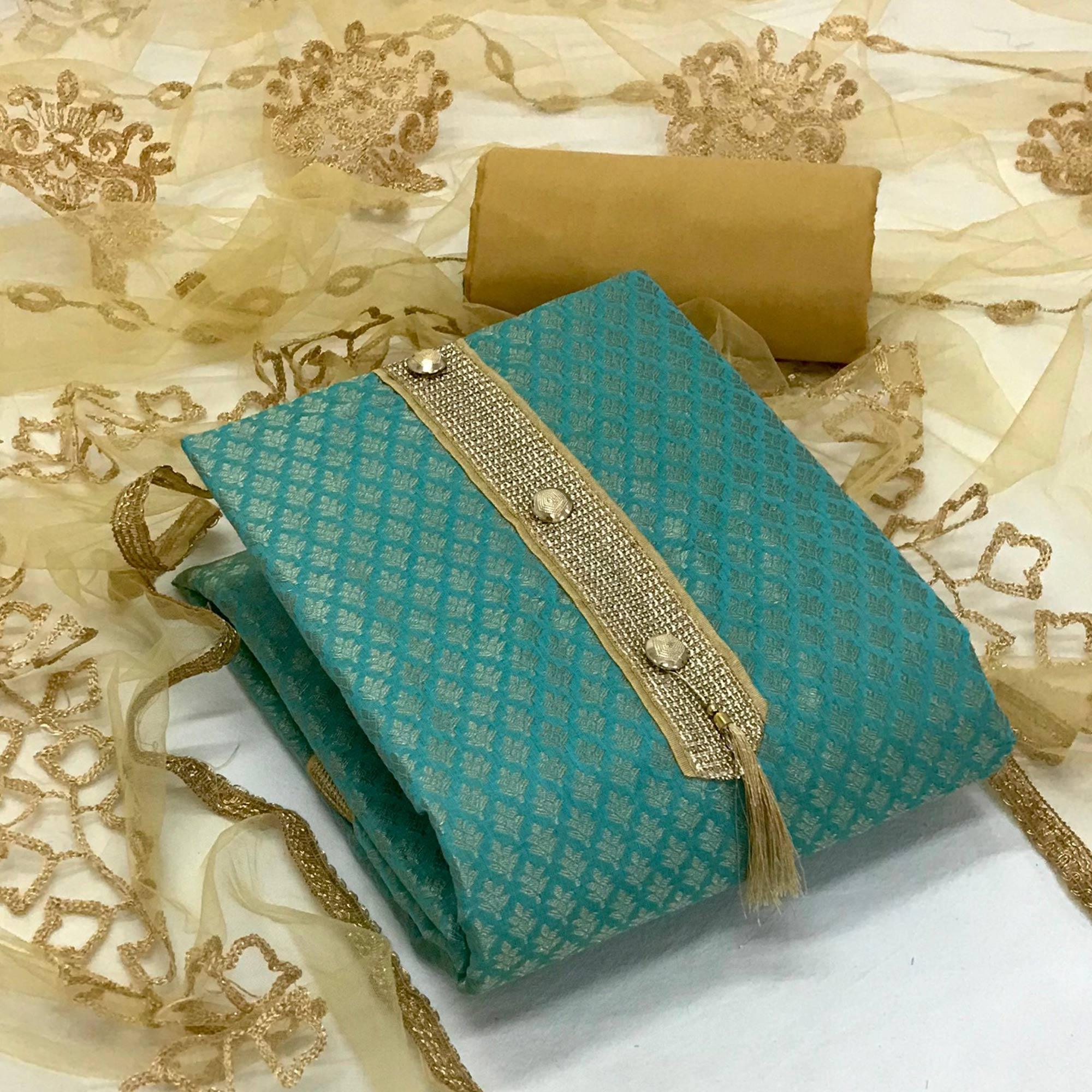 Sea Green Festive Wear Woven Banarasi Silk Dress Material - Peachmode