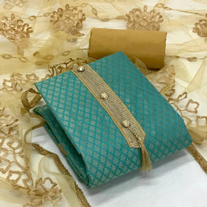 Sea Green Festive Wear Woven Banarasi Silk Dress Material - Peachmode