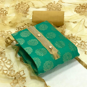 Sea Green Festive Wear Woven Banarasi Silk Dress Material - Peachmode