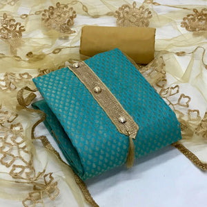 Sea Green Festive Wear Woven Banarasi Silk Dress Material - Peachmode