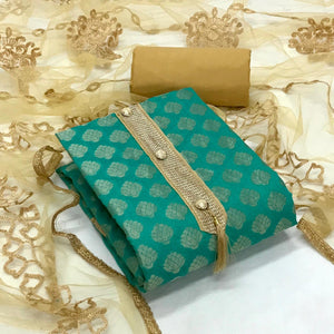 Sea Green Festive Wear Woven Banarasi Silk Dress Material - Peachmode