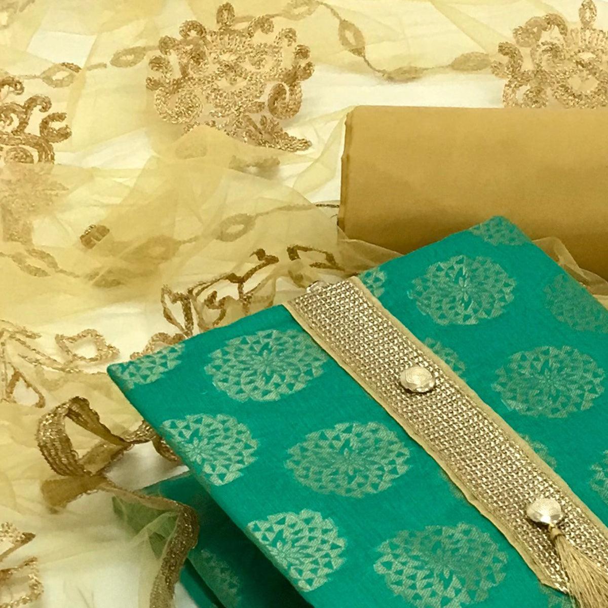 Sea Green Festive Wear Woven Banarasi Silk Dress Material - Peachmode