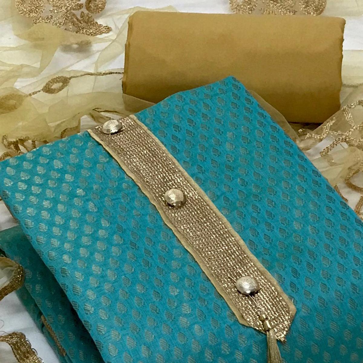 Sea Green Festive Wear Woven Banarasi Silk Dress Material - Peachmode
