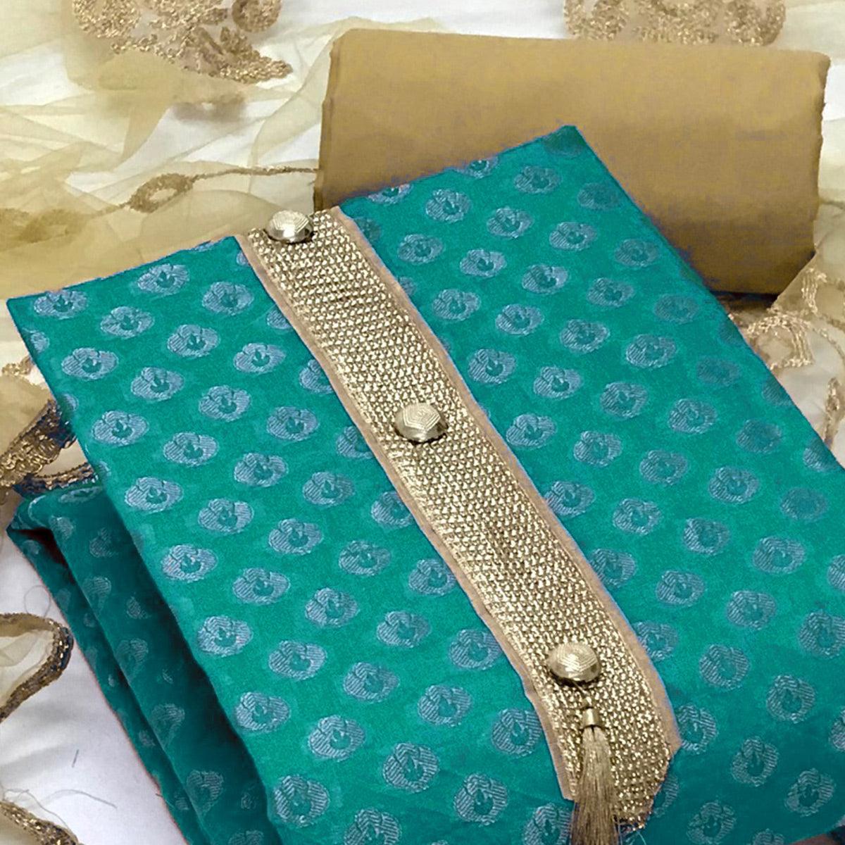 Sea Green Festive Wear Woven Banarasi Silk Dress Material - Peachmode