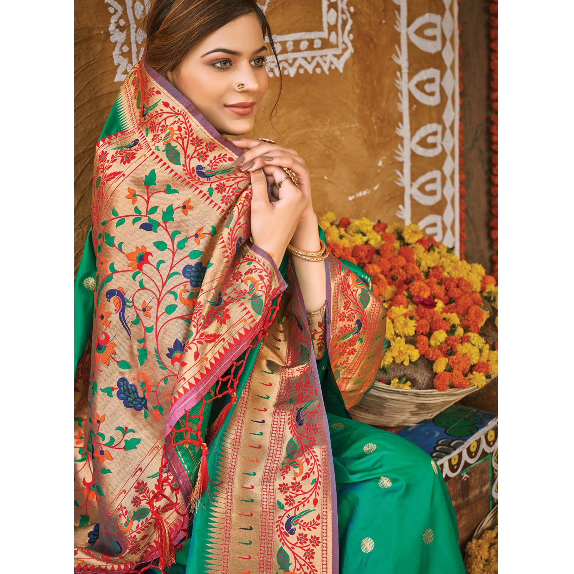 Sea Green Festive Wear Woven Banarasi Silk Paithani Saree With Tassels - Peachmode