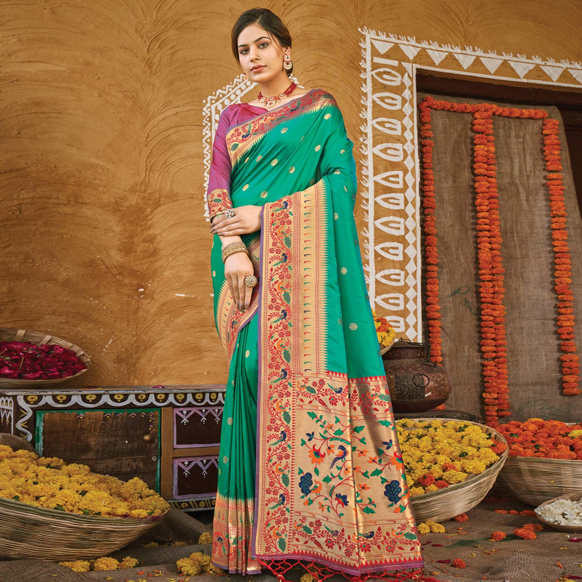 Sea Green Festive Wear Woven Banarasi Silk Paithani Saree With Tassels - Peachmode