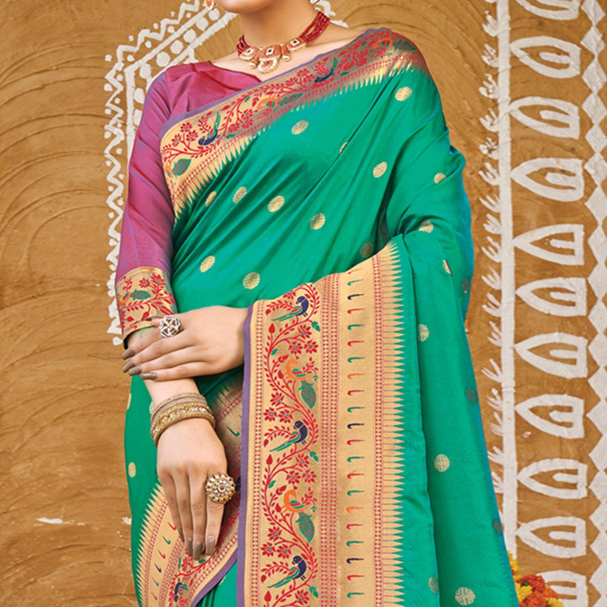 Sea Green Festive Wear Woven Banarasi Silk Paithani Saree With Tassels - Peachmode