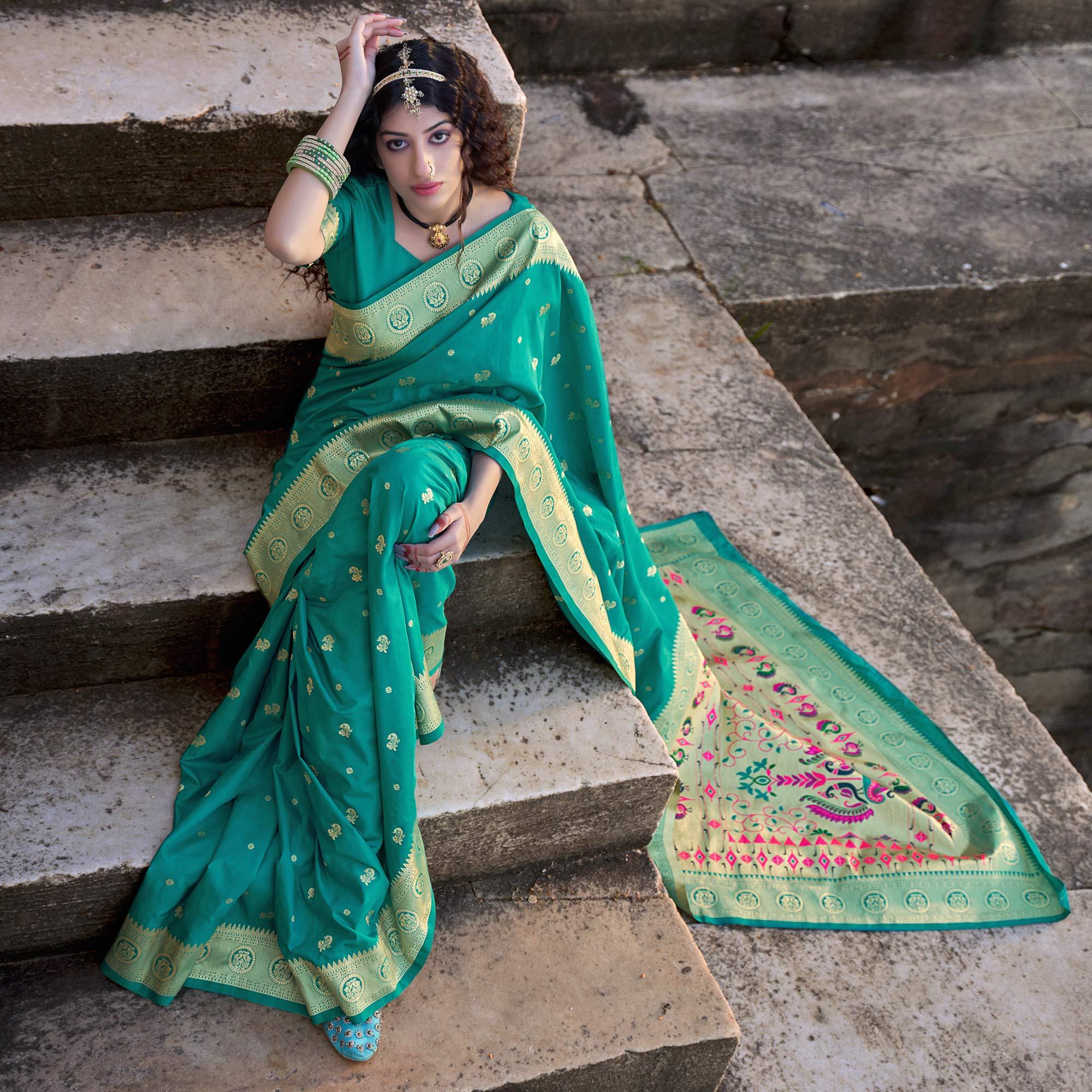 Sea Green Festive Wear Woven Banarasi Silk Saree - Peachmode