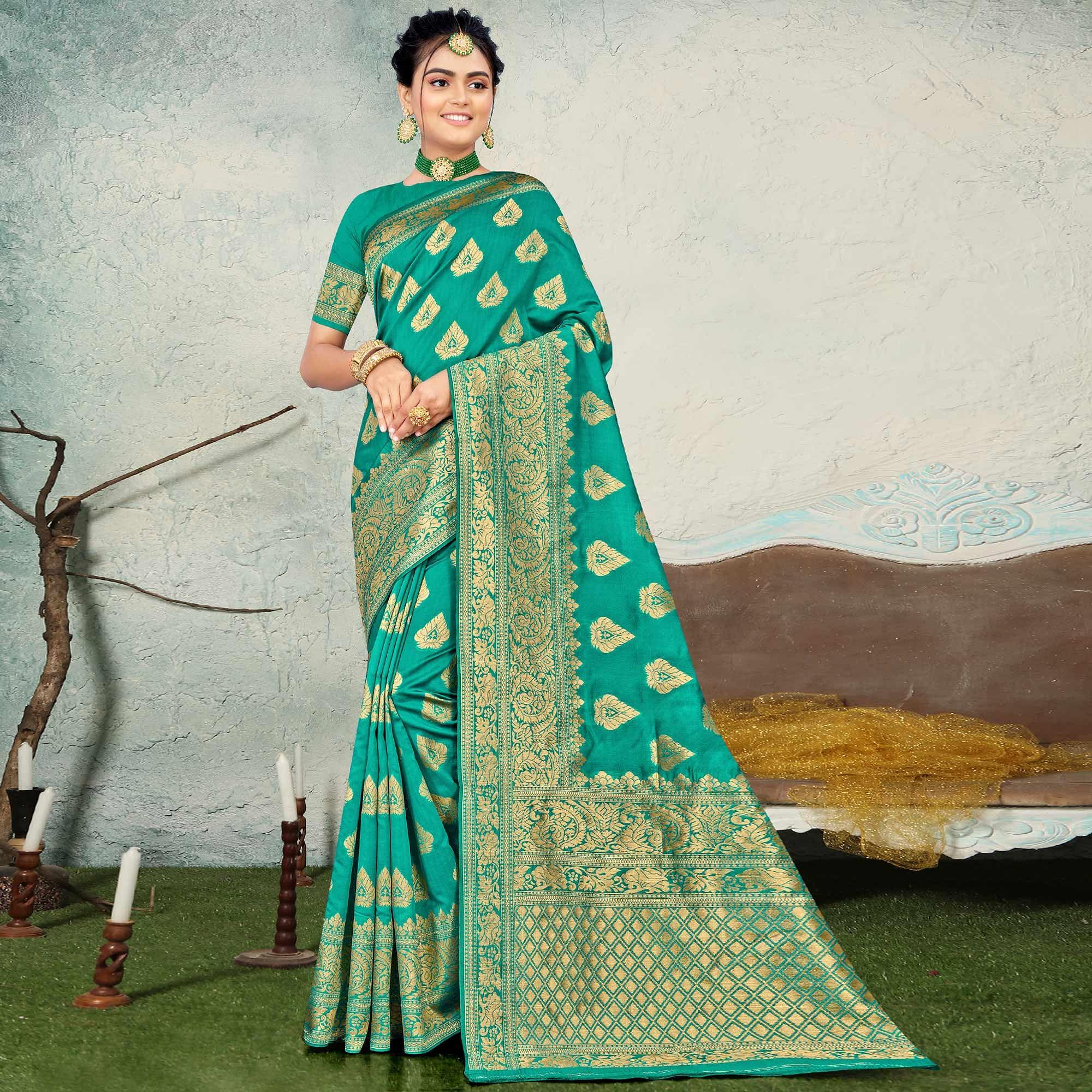 Sea Green Festive Wear Woven Banarasi Silk Saree - Peachmode