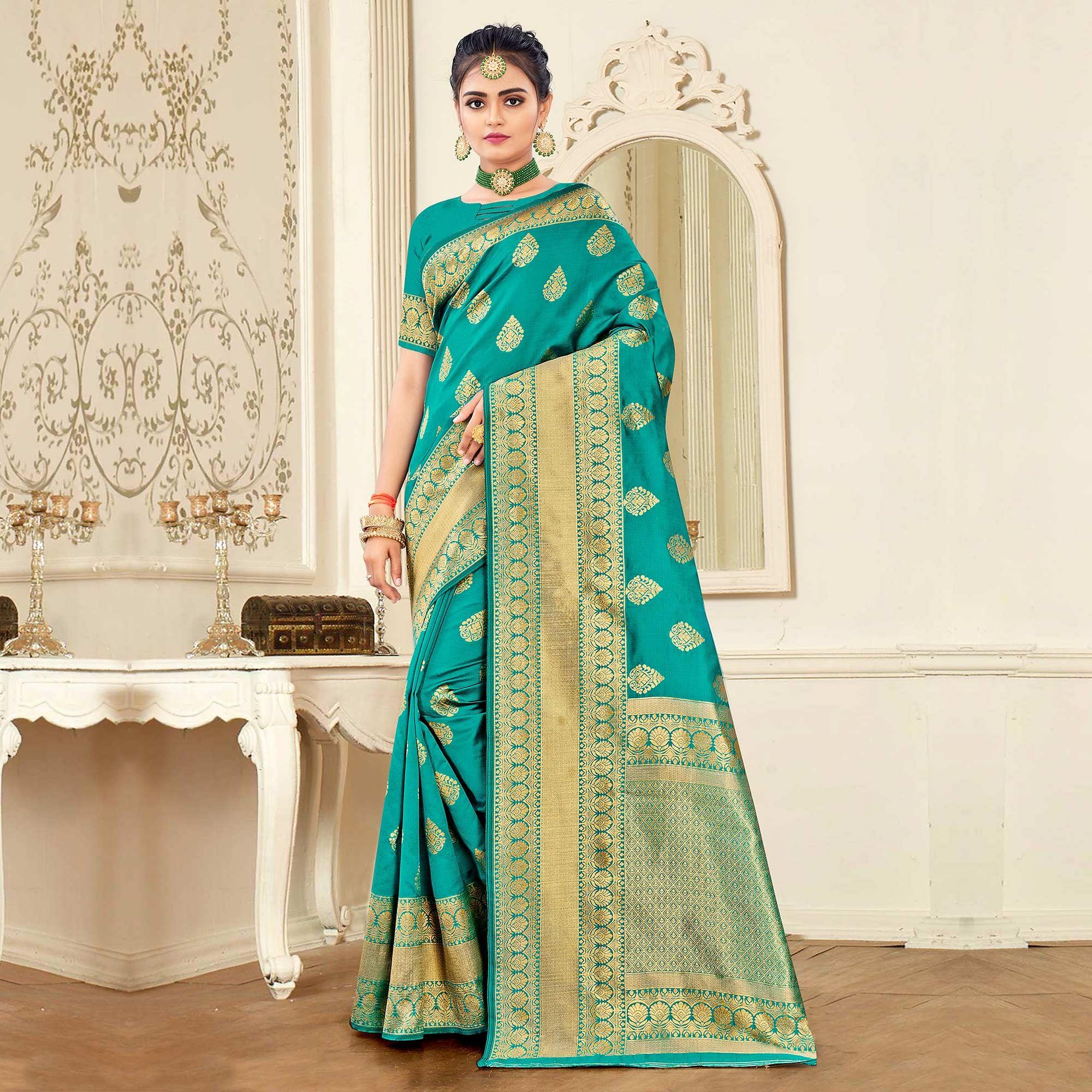 Sea Green Festive Wear Woven Banarasi Silk Saree - Peachmode