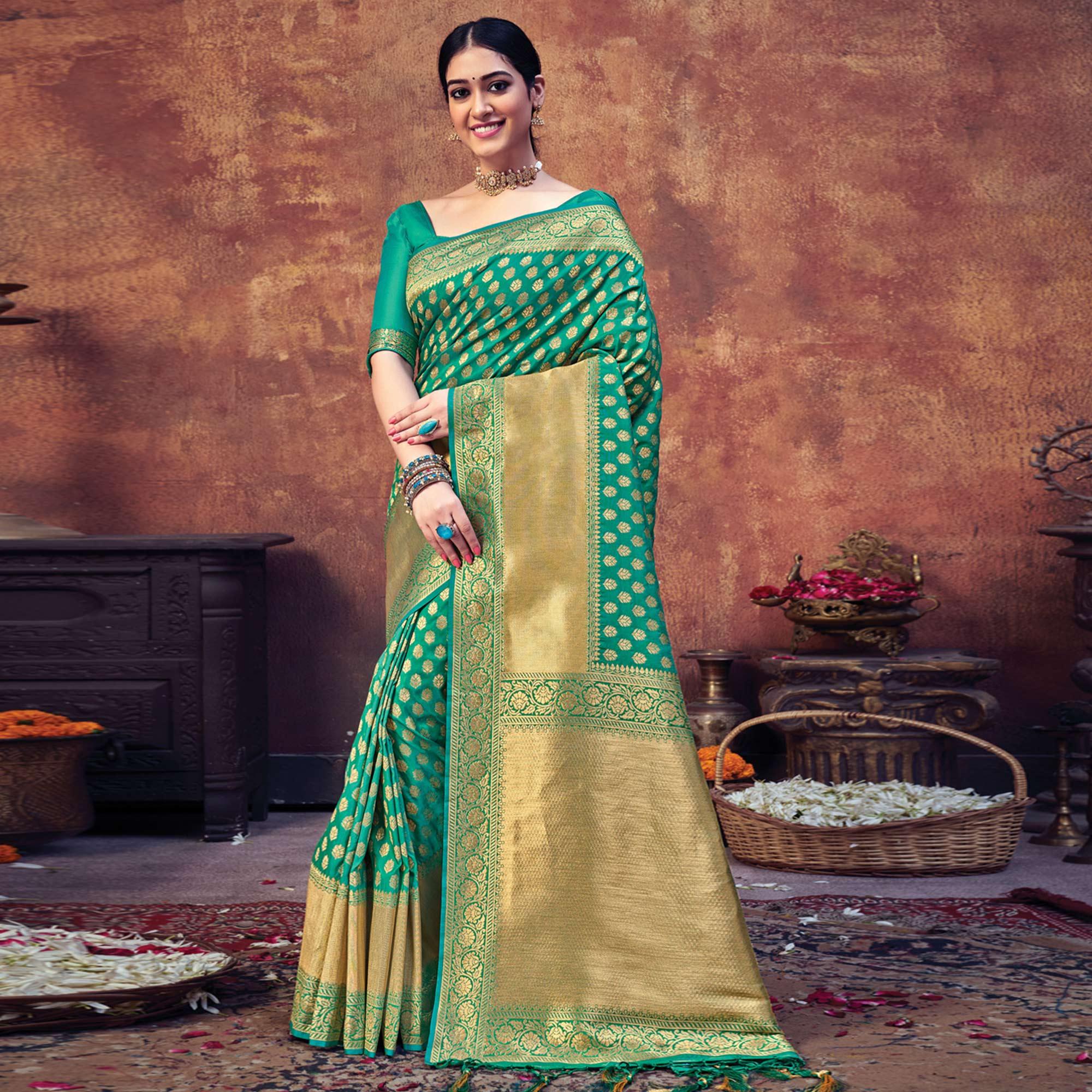 Sea Green Festive Wear Woven Banarasi Silk Saree - Peachmode