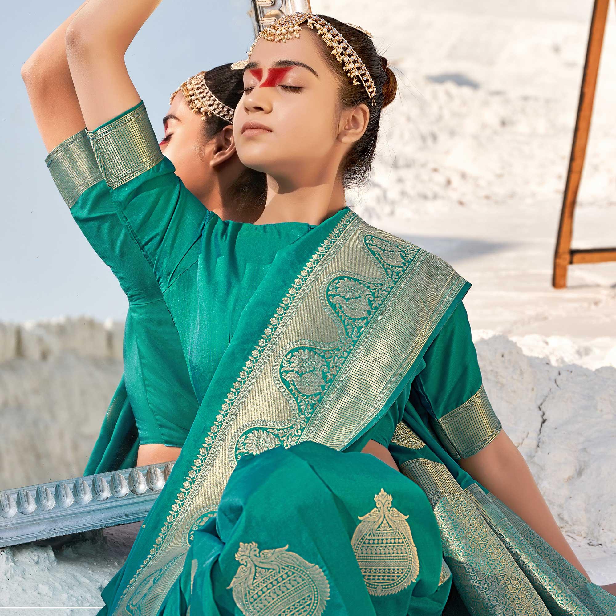 Sea Green Festive Wear Woven Banarasi Silk Saree - Peachmode