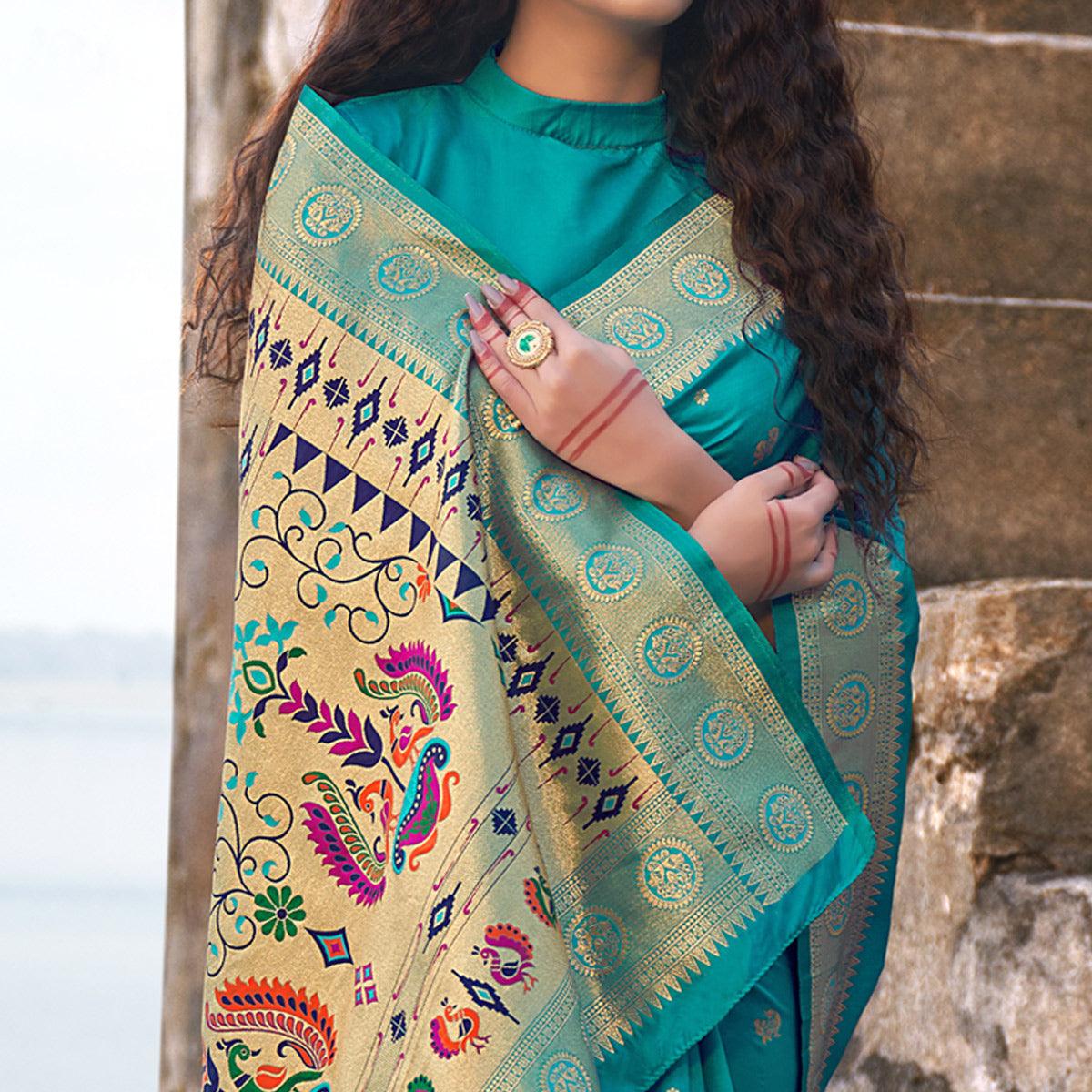 Sea Green Festive Wear Woven Banarasi Silk Saree - Peachmode