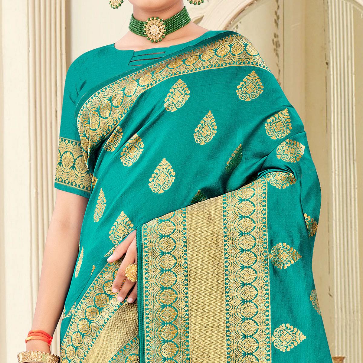 Sea Green Festive Wear Woven Banarasi Silk Saree - Peachmode