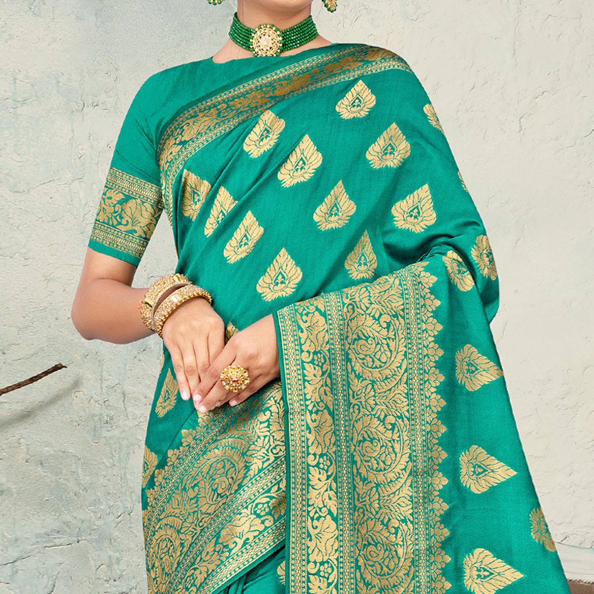 Sea Green Festive Wear Woven Banarasi Silk Saree - Peachmode