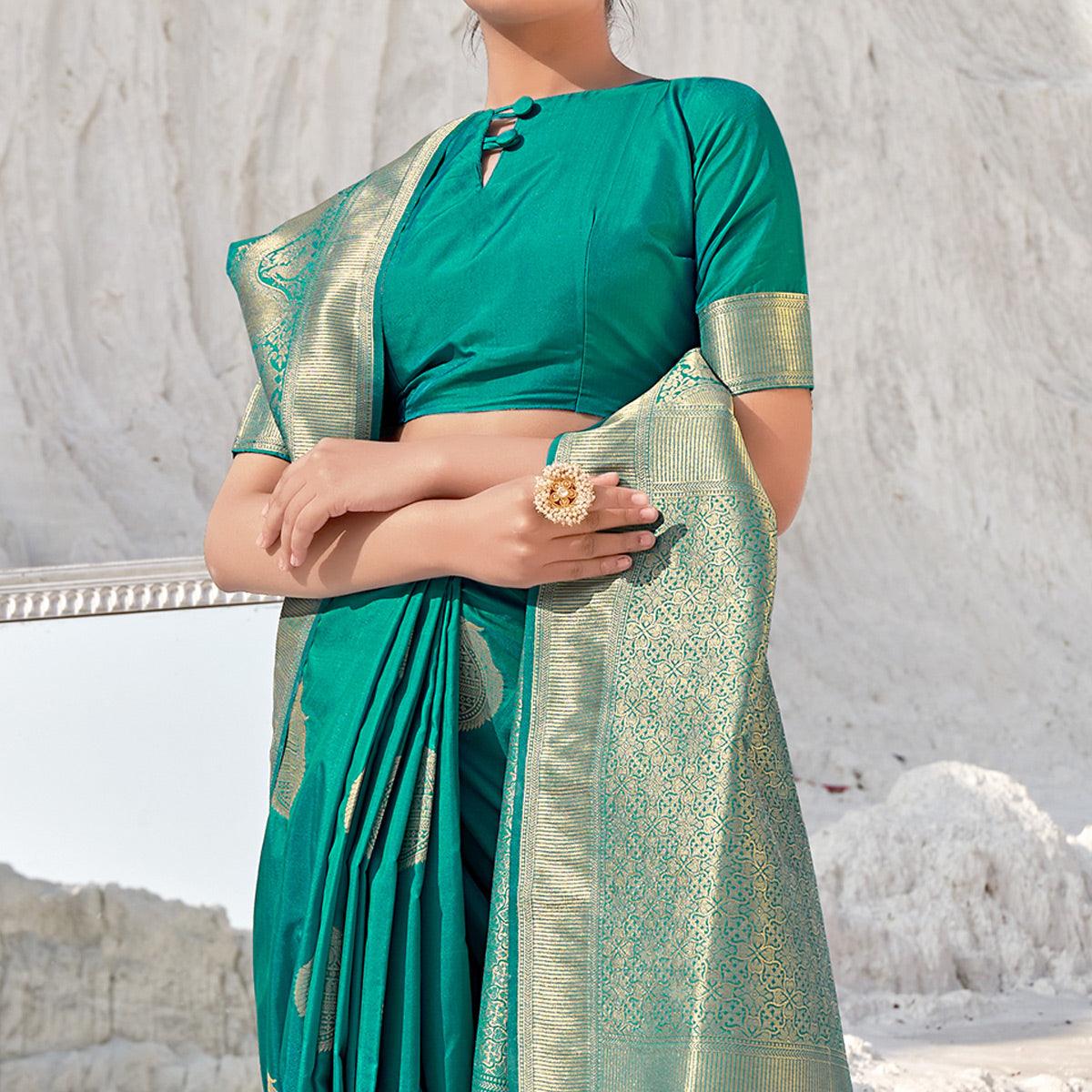 Sea Green Festive Wear Woven Banarasi Silk Saree - Peachmode