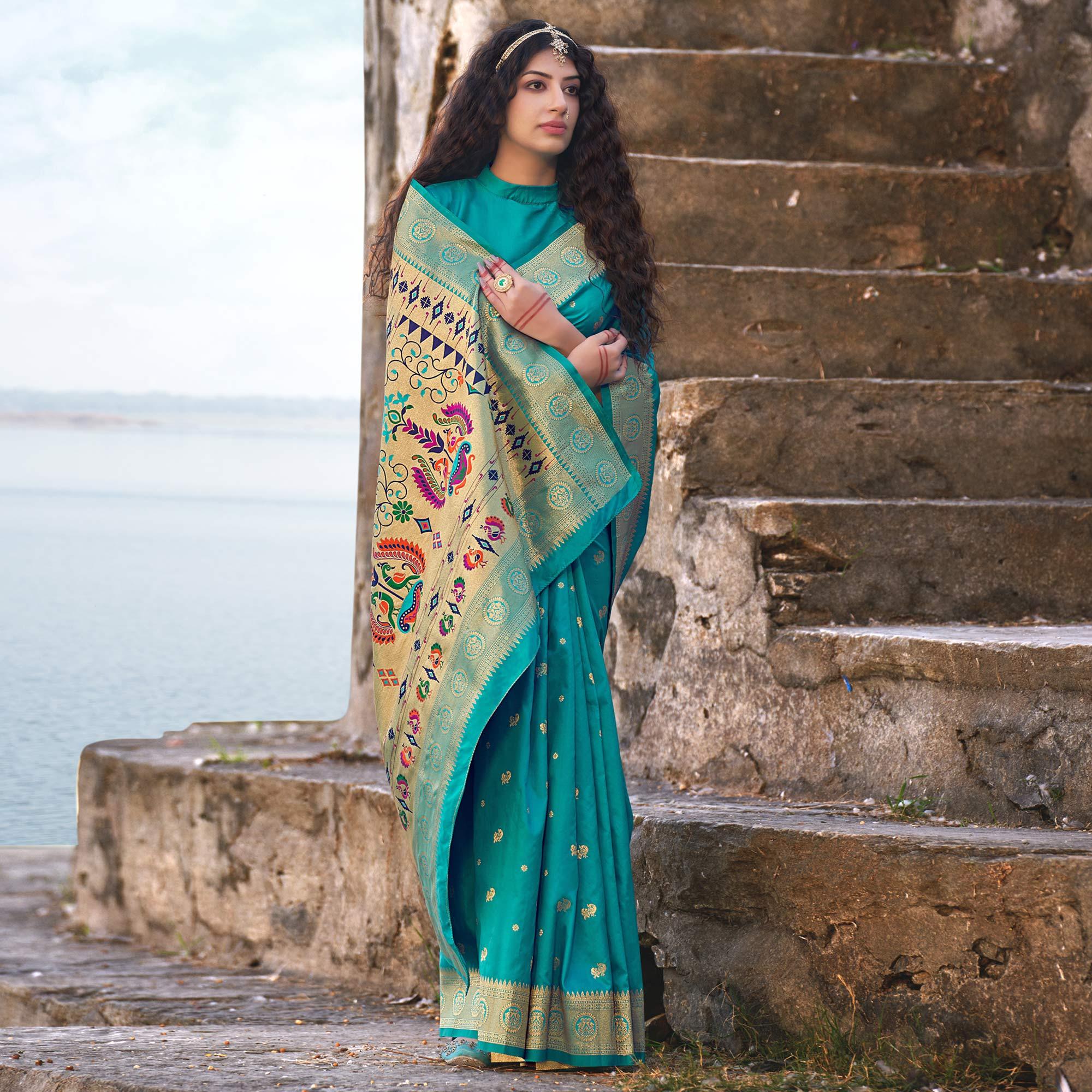 Sea Green Festive Wear Woven Banarasi Silk Saree - Peachmode