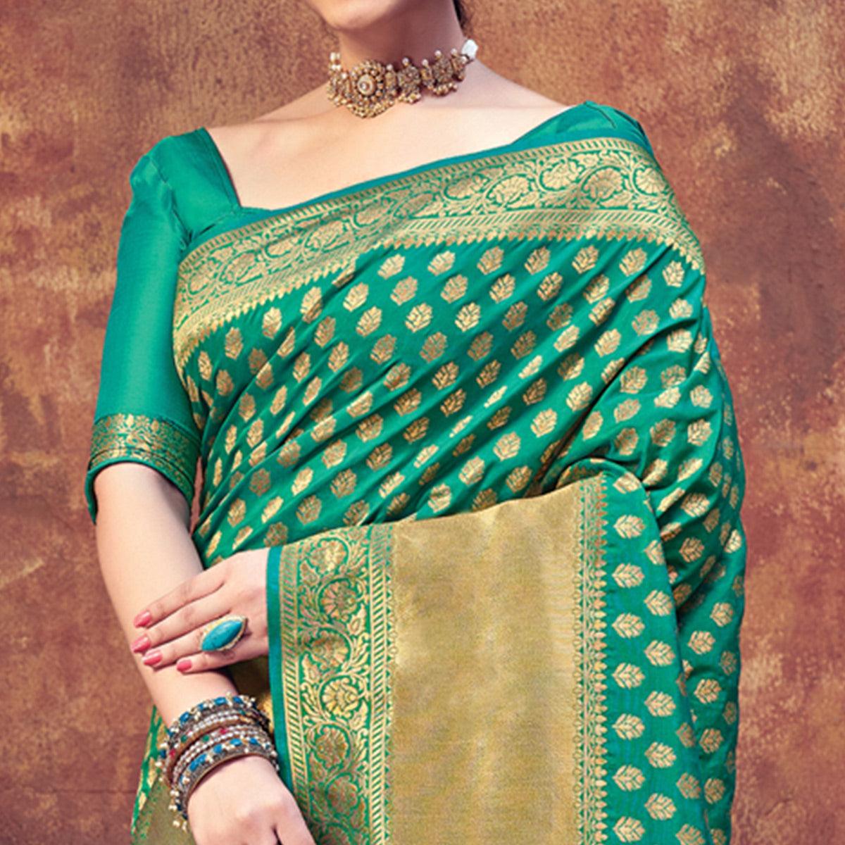 Sea Green Festive Wear Woven Banarasi Silk Saree - Peachmode