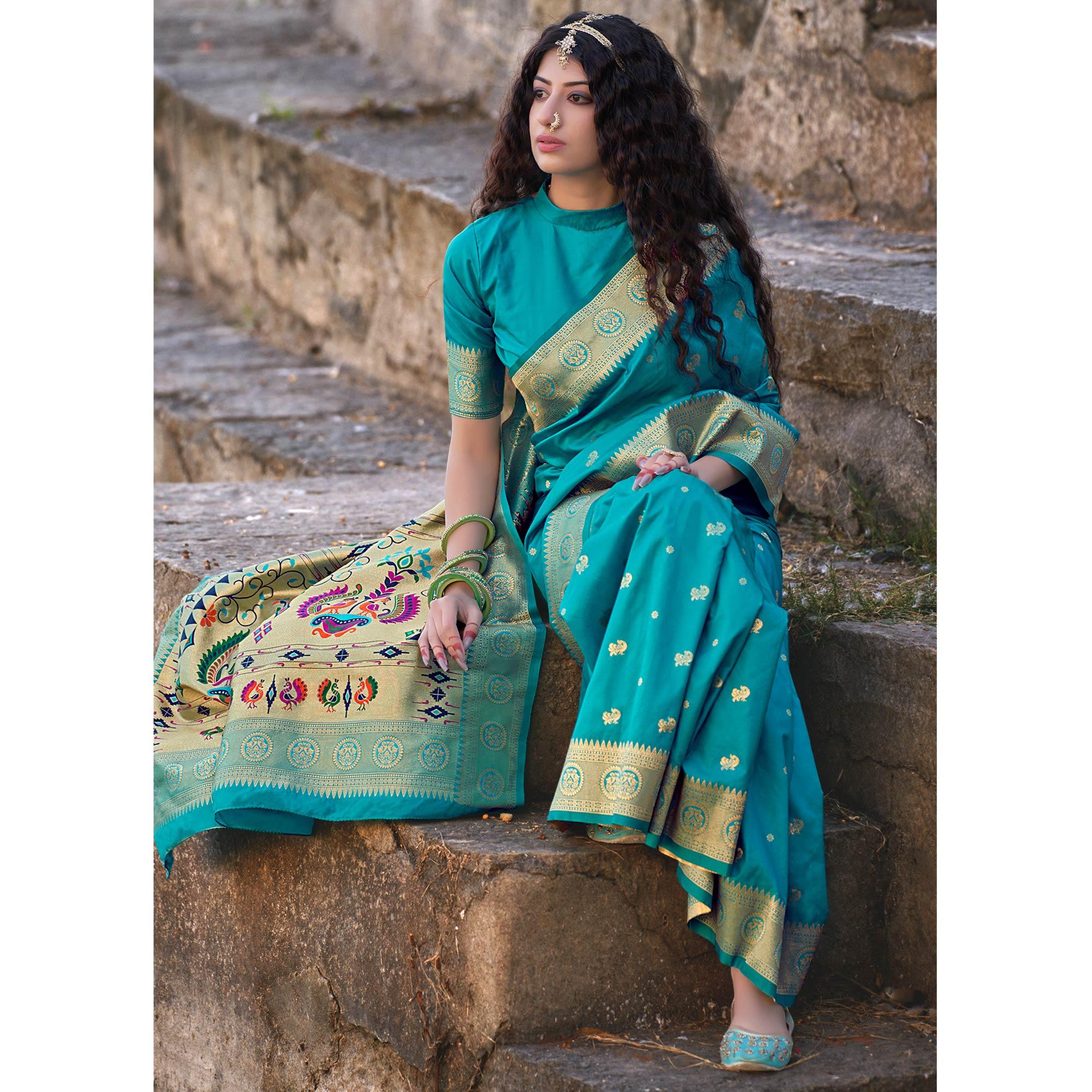 Sea Green Festive Wear Woven Banarasi Silk Saree - Peachmode