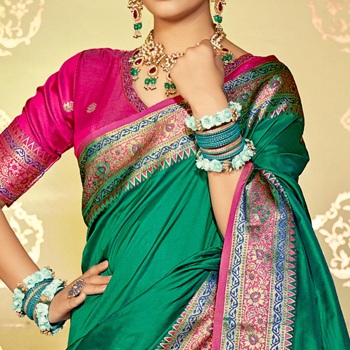 Sea Green Festive Wear Woven Banarasi Silk Saree - Peachmode