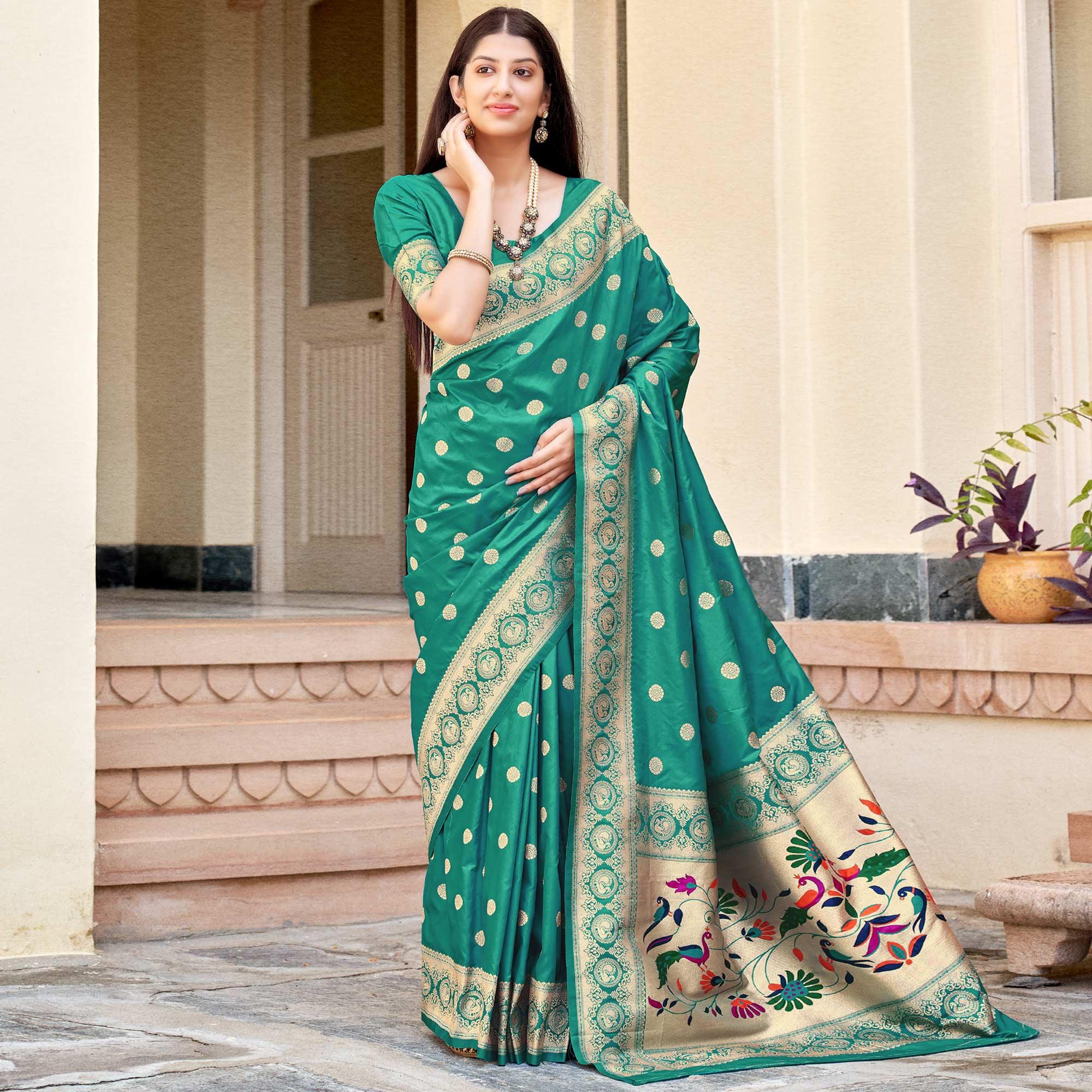 Sea Green Festive Wear Woven Banarasi Soft Silk Saree - Peachmode