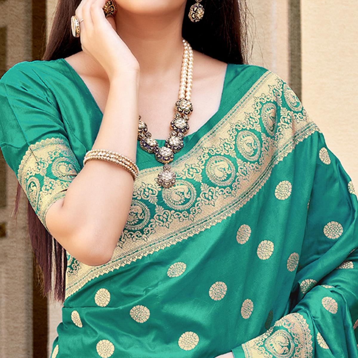 Sea Green Festive Wear Woven Banarasi Soft Silk Saree - Peachmode