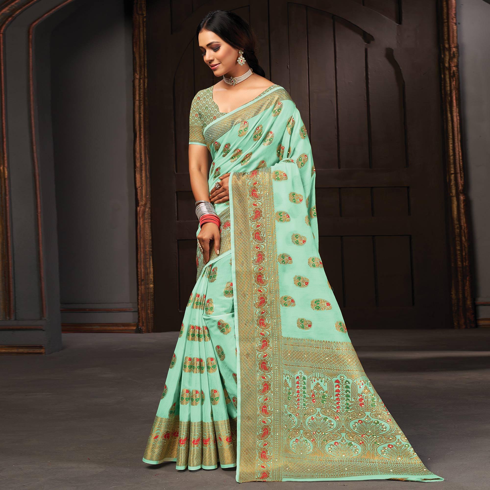 Sea Green Festive Wear Woven Cotton Saree - Peachmode