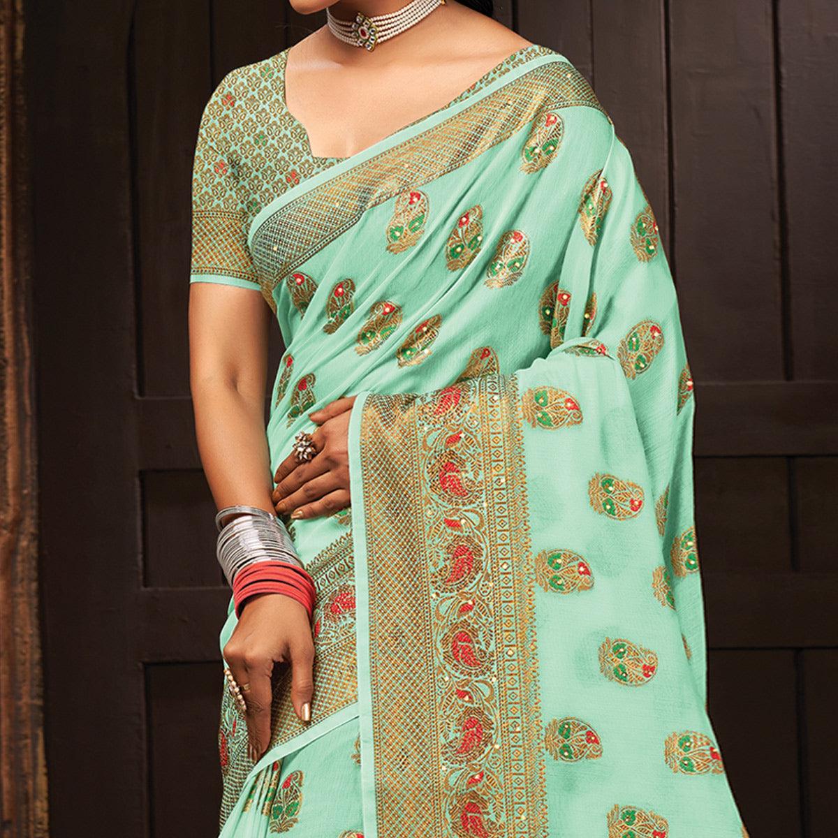 Sea Green Festive Wear Woven Cotton Saree - Peachmode