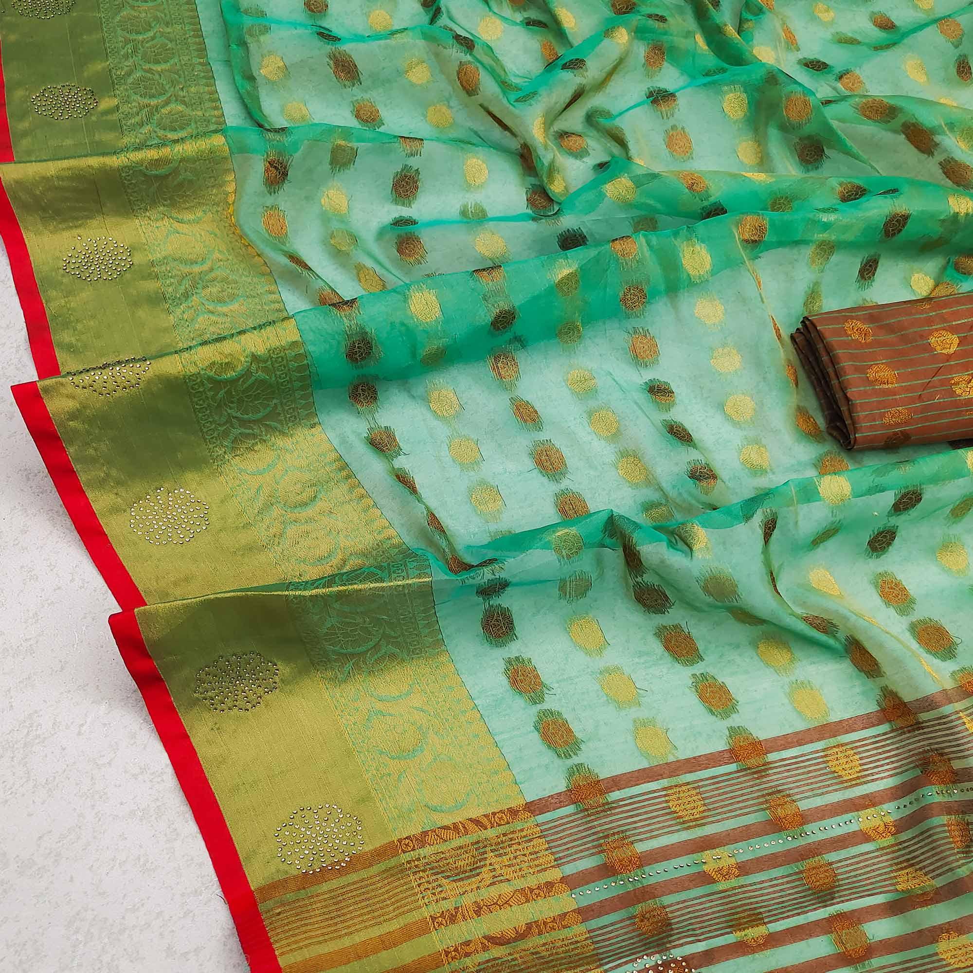 Sea Green Festive Wear Woven Cotton Silk Saree - Peachmode