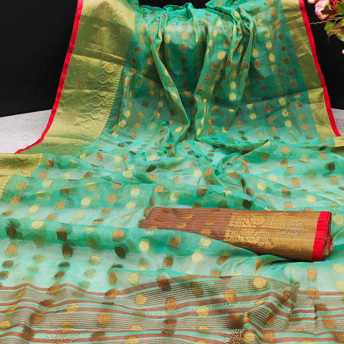 Sea Green Festive Wear Woven Cotton Silk Saree - Peachmode