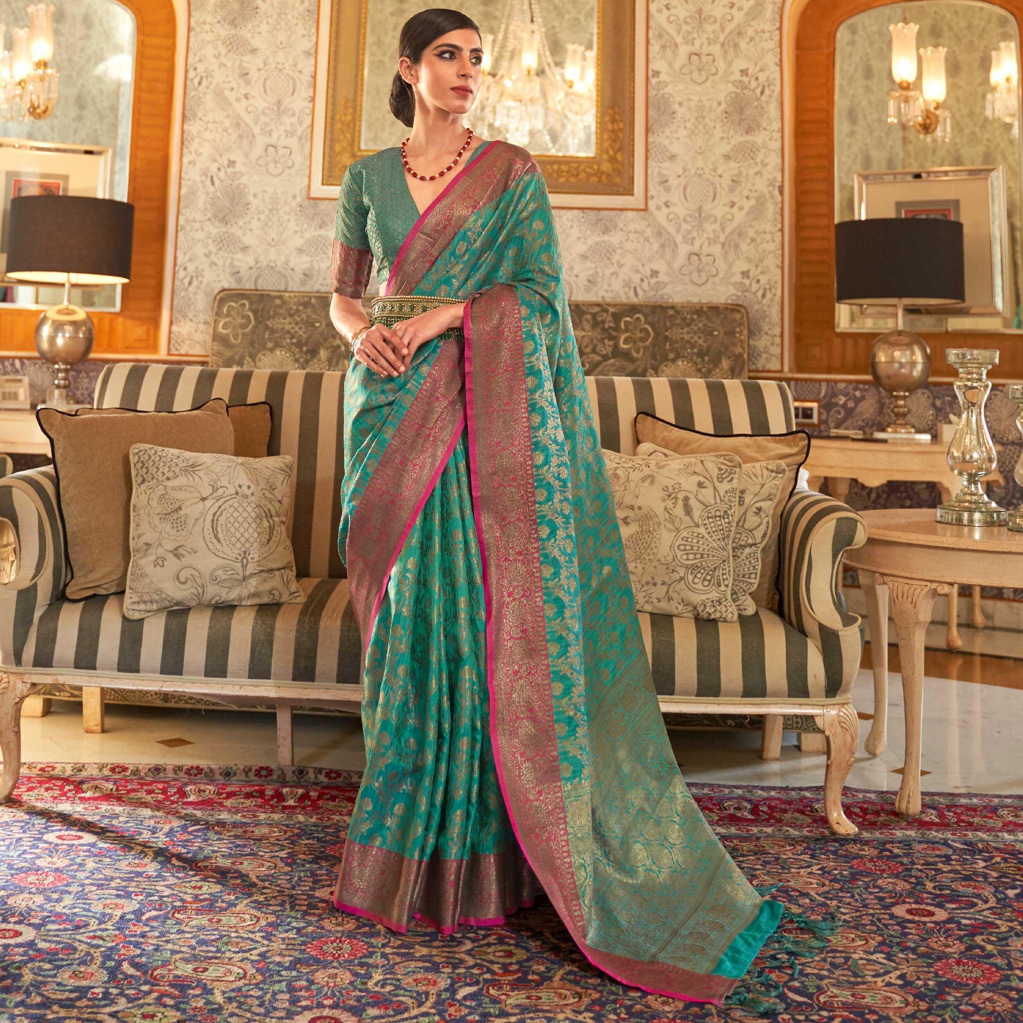 Sea Green Festive Wear Woven Handloom Silk Saree - Peachmode