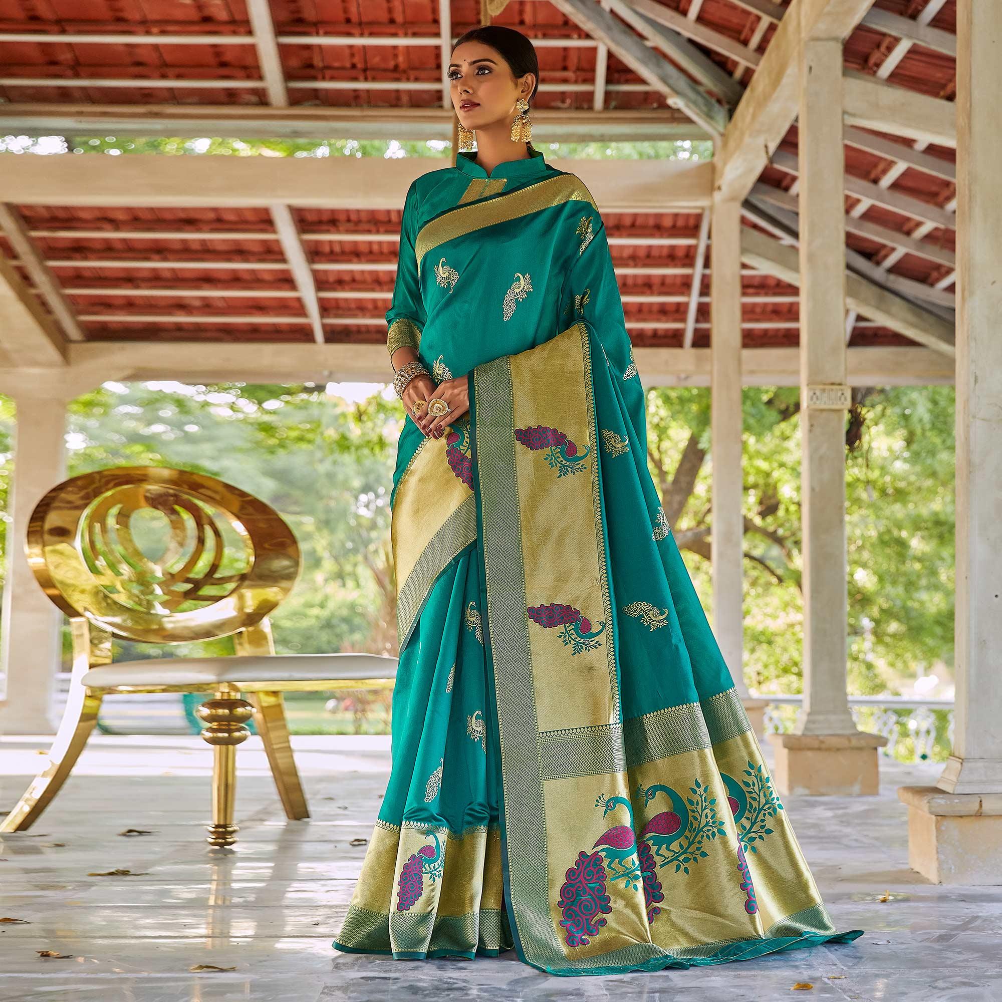 Sea Green Festive Wear Woven Handloom Silk Saree - Peachmode