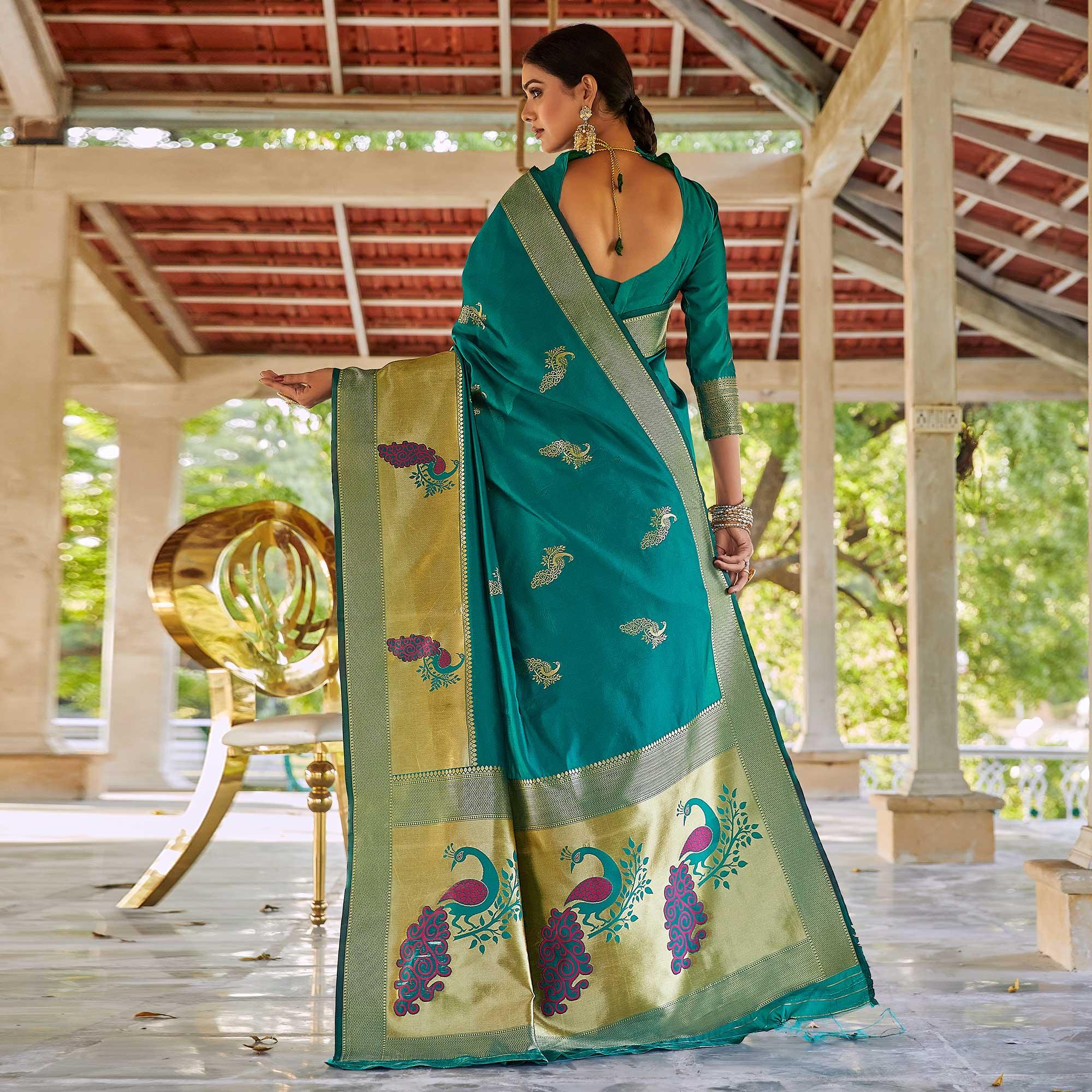 Sea Green Festive Wear Woven Handloom Silk Saree - Peachmode