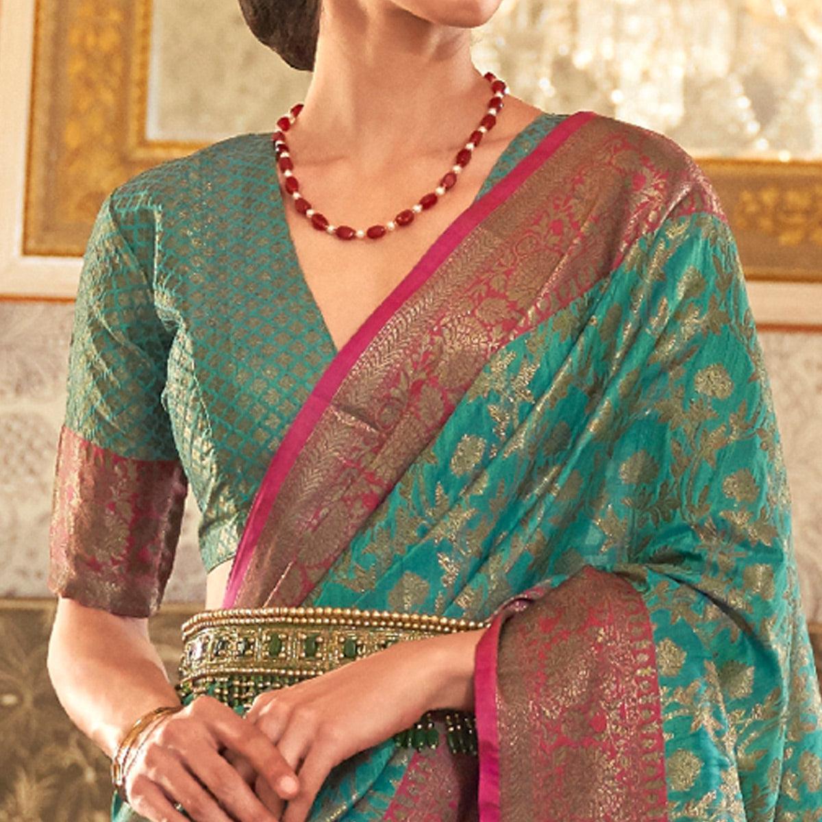 Sea Green Festive Wear Woven Handloom Silk Saree - Peachmode