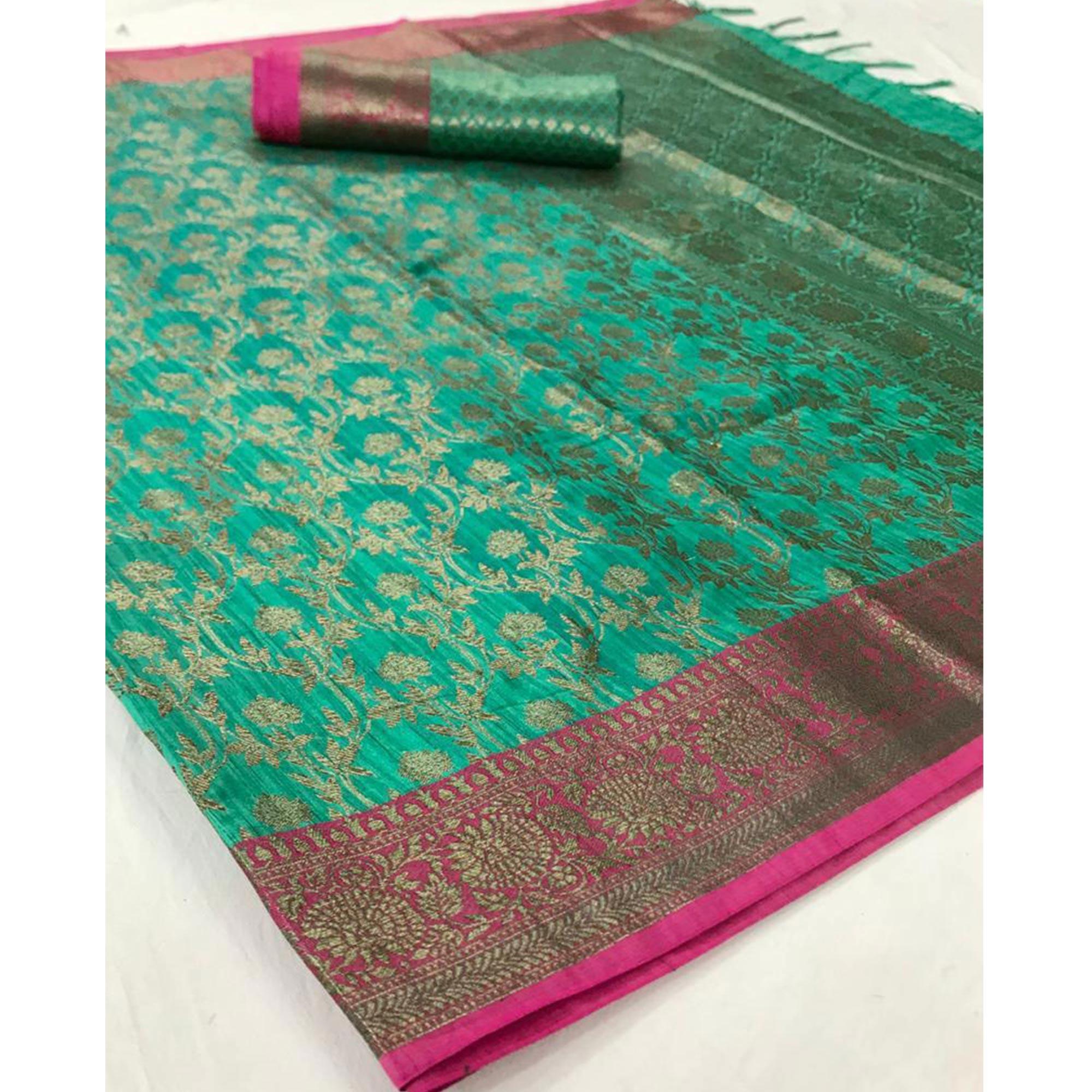 Sea Green Festive Wear Woven Handloom Silk Saree - Peachmode