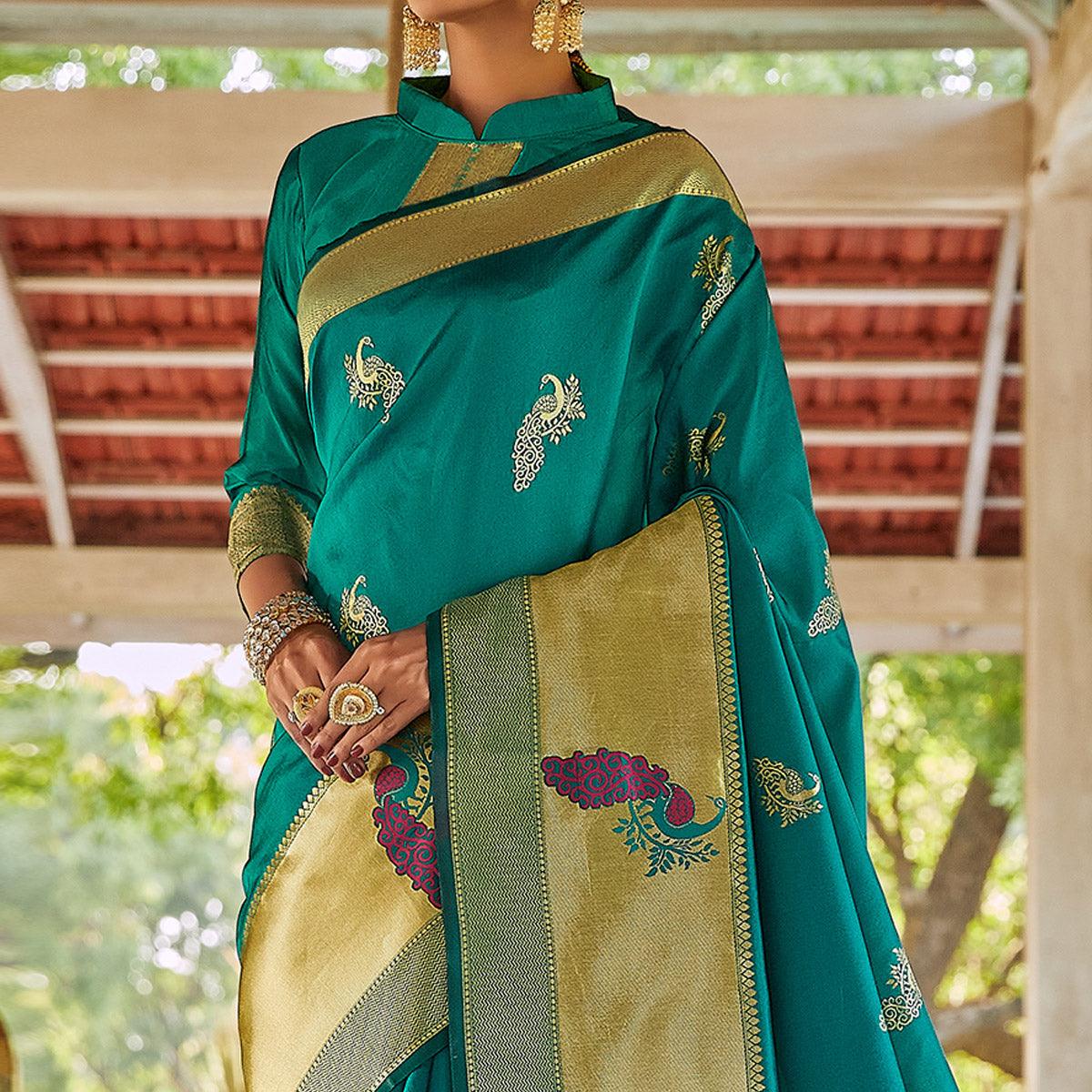 Sea Green Festive Wear Woven Handloom Silk Saree - Peachmode