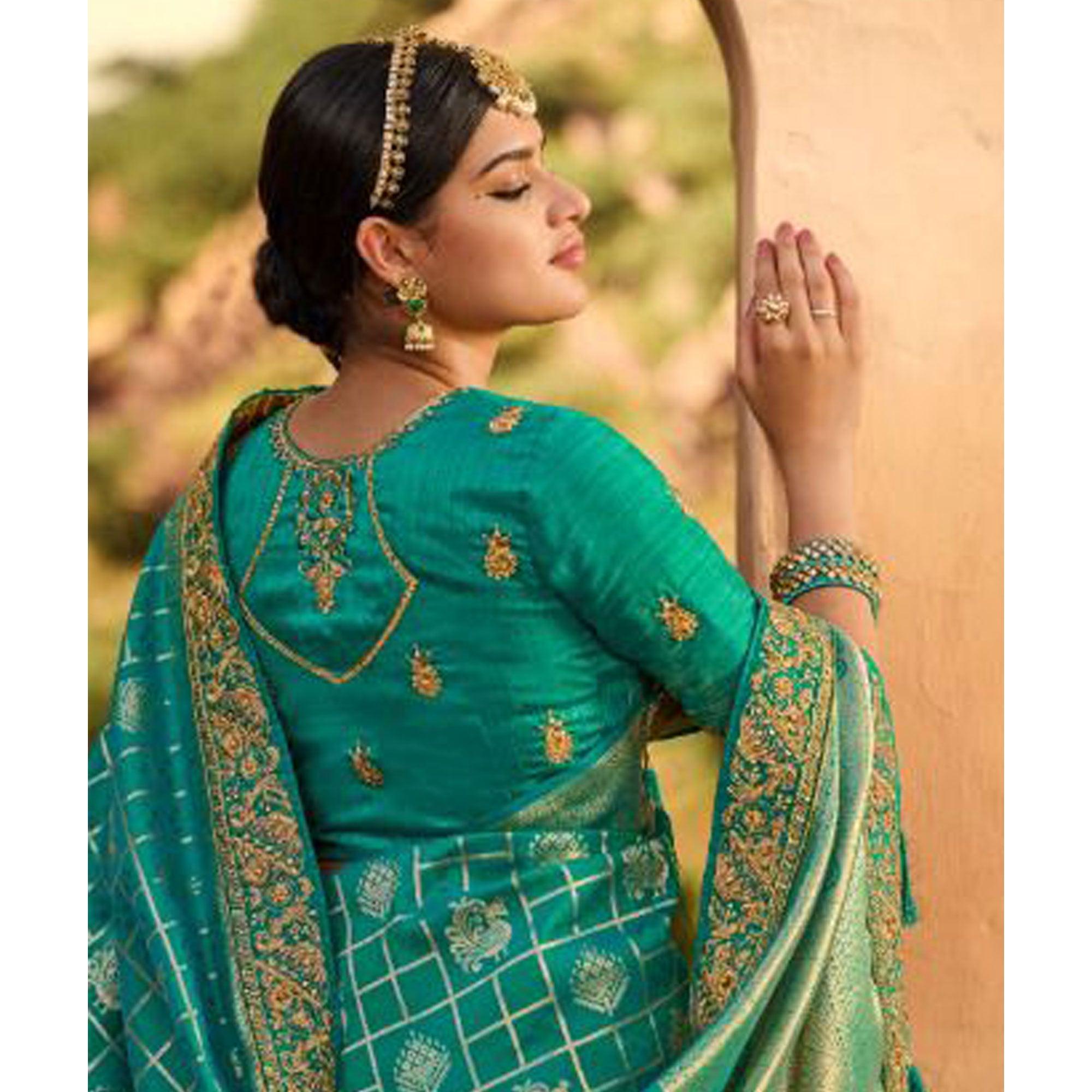 Sea Green Festive Wear Woven Poly Silk Saree - Peachmode