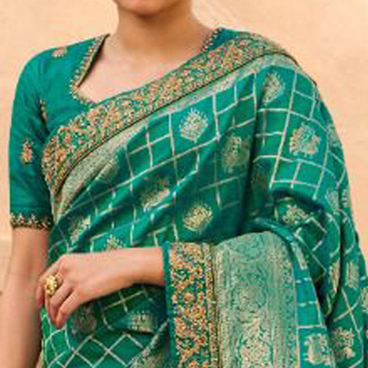 Sea Green Festive Wear Woven Poly Silk Saree - Peachmode
