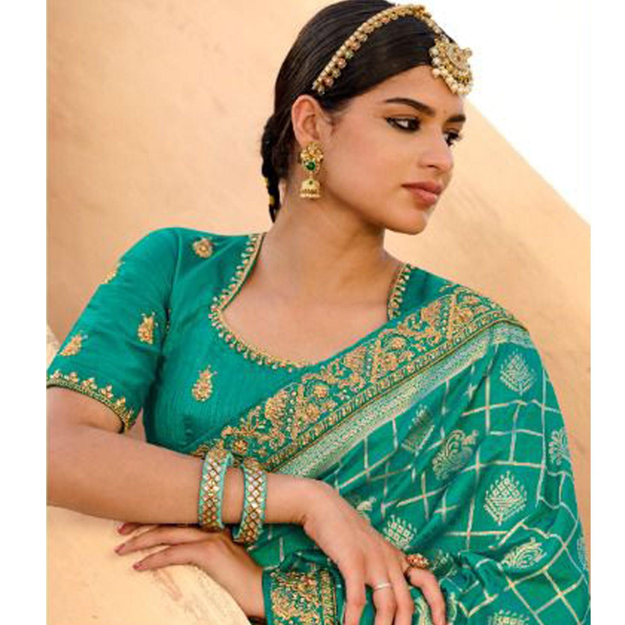 Sea Green Festive Wear Woven Poly Silk Saree - Peachmode