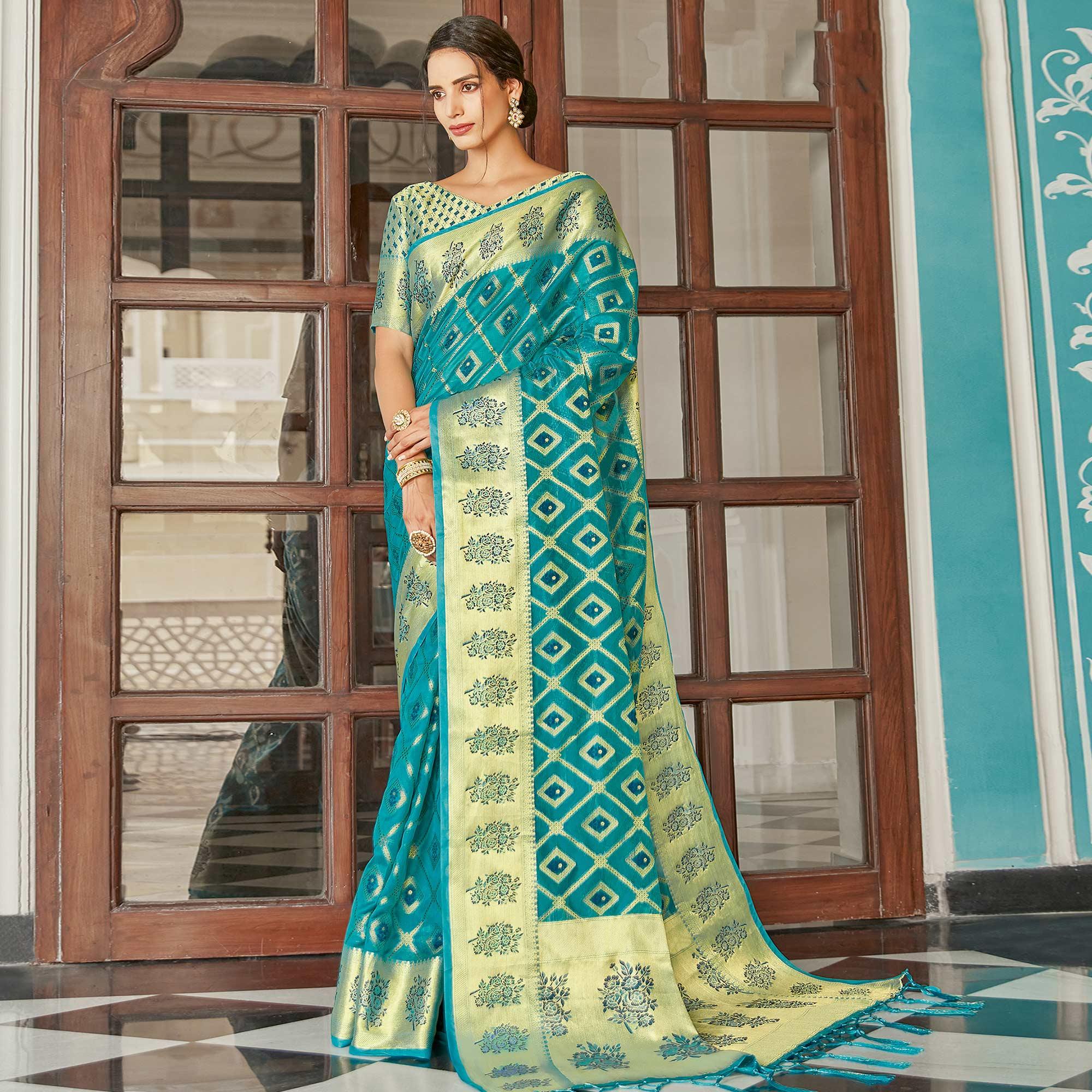 Sea Green Festive Wear Woven Silk Saree - Peachmode