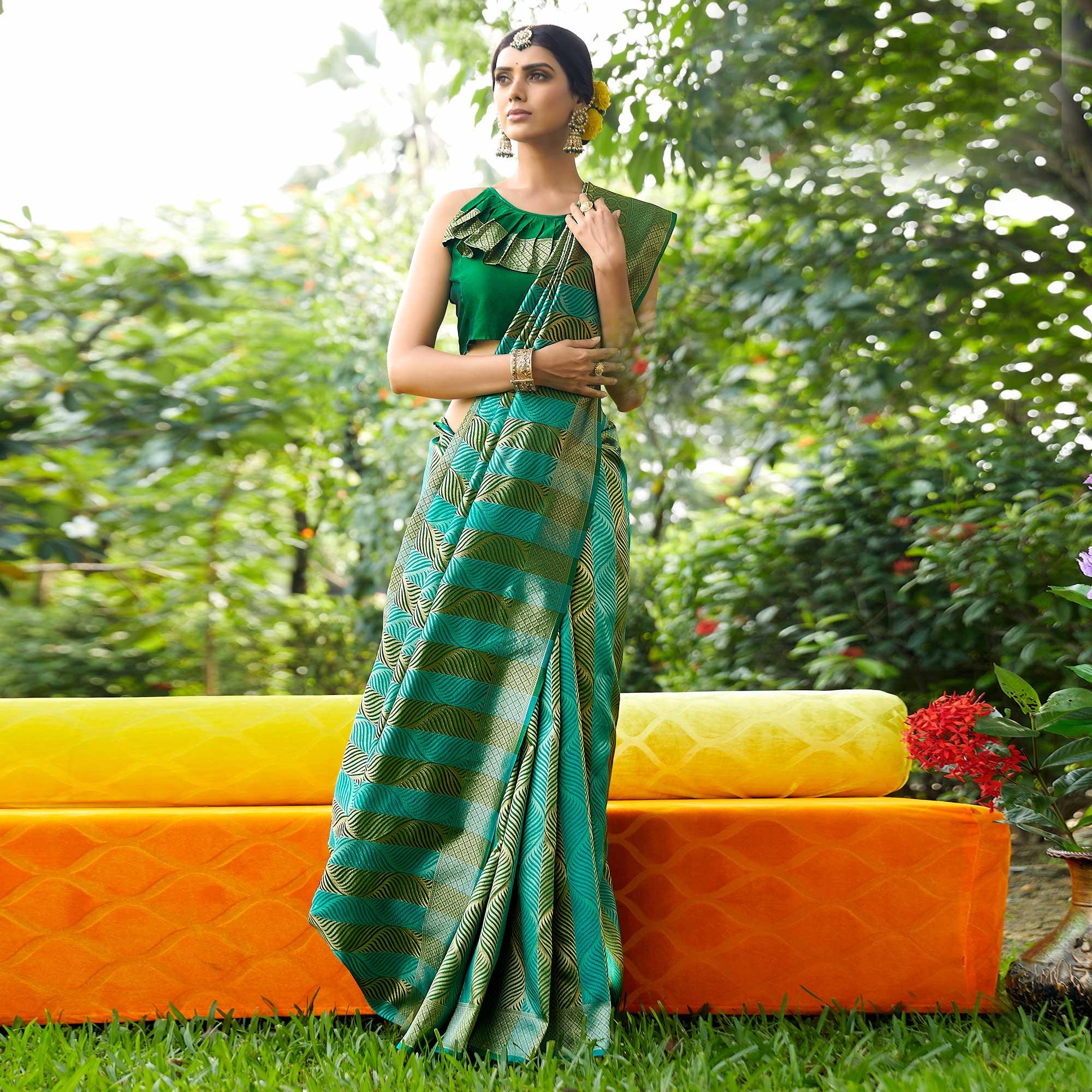 Sea Green Festive Wear Woven Silk Saree - Peachmode
