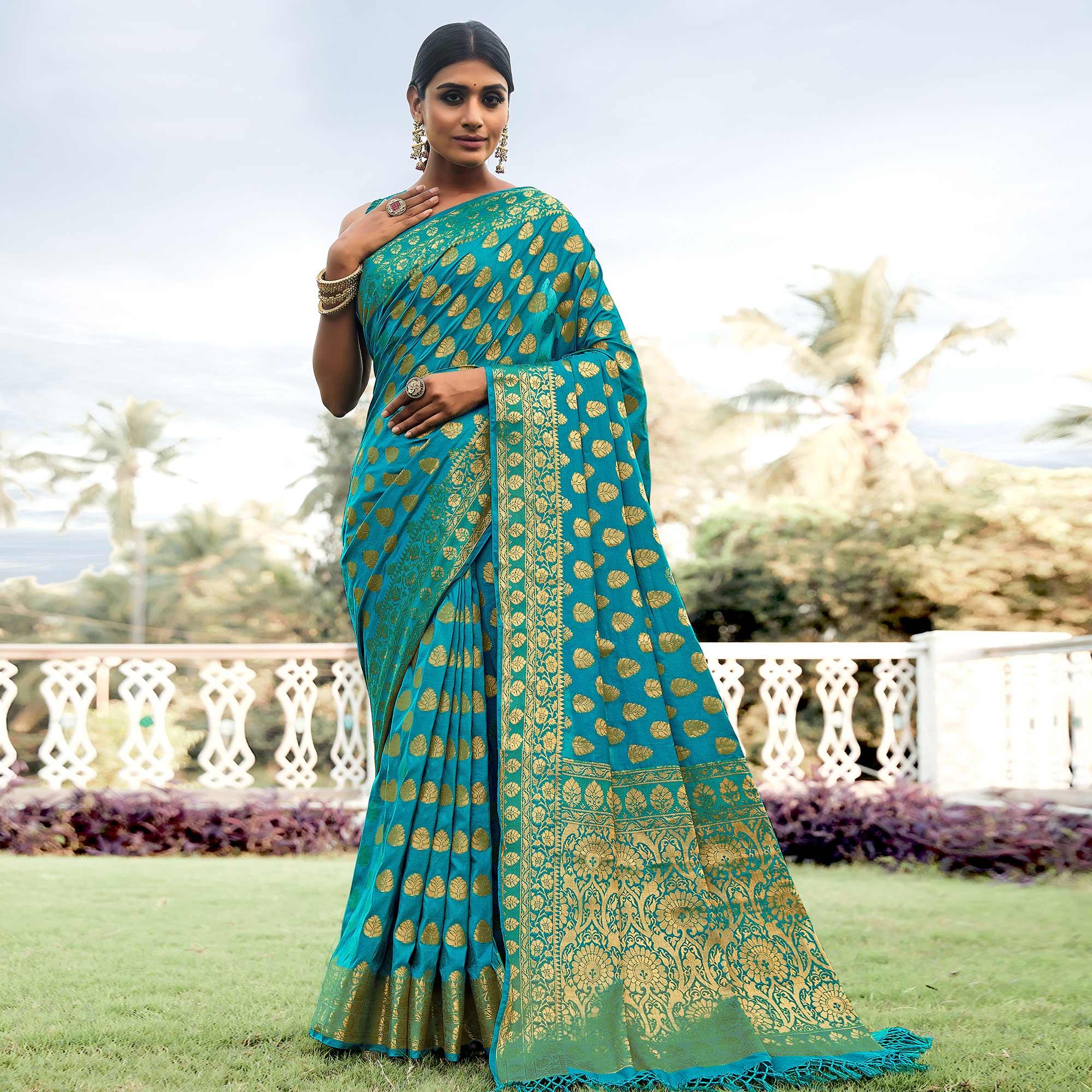 Sea Green Festive Wear Woven Silk Saree - Peachmode