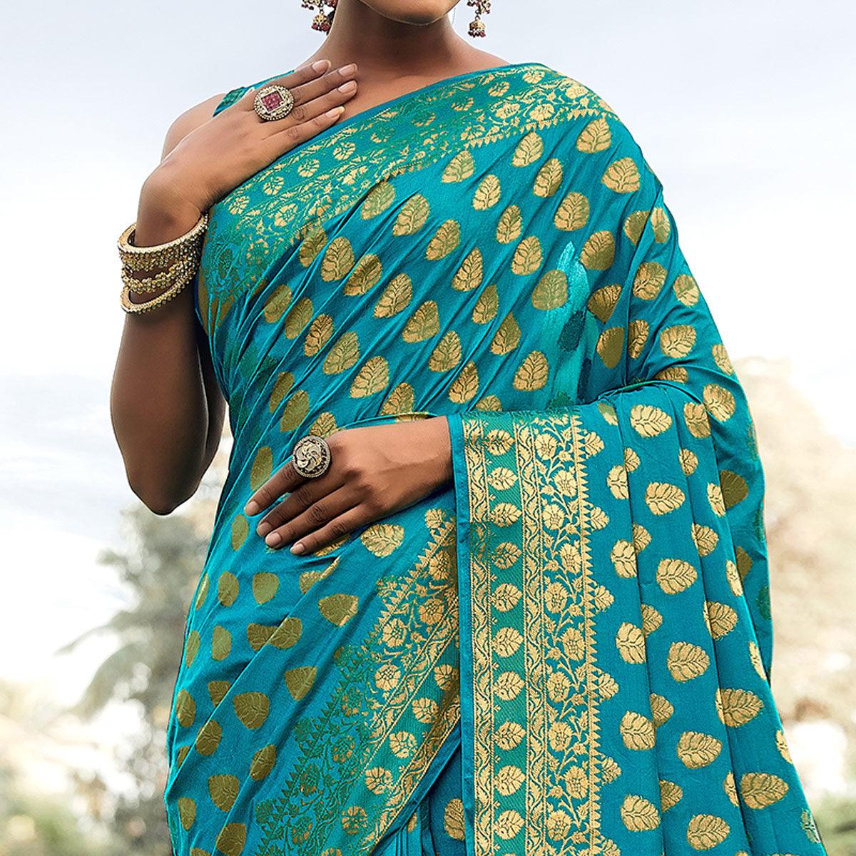 Sea Green Festive Wear Woven Silk Saree - Peachmode